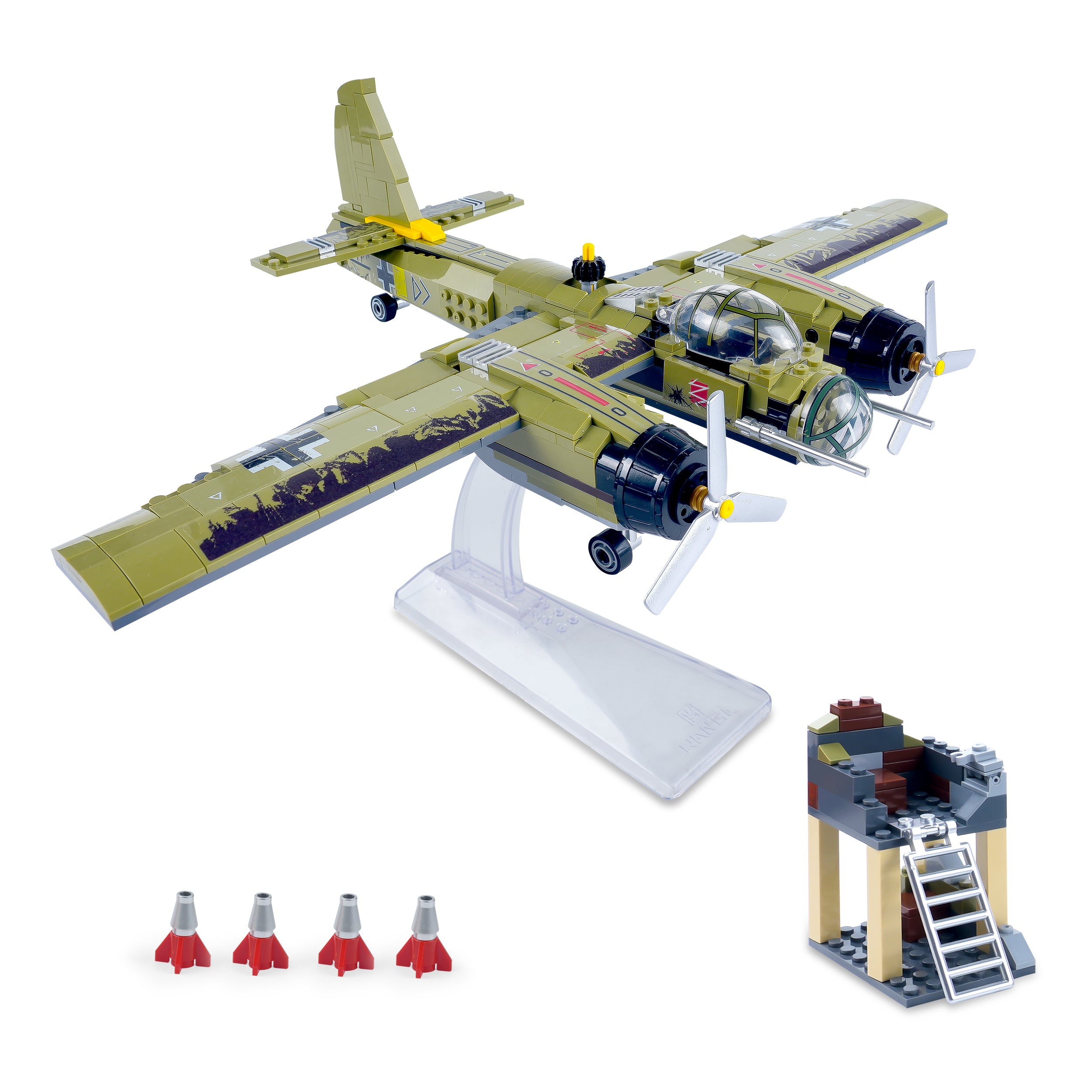 General Jim’s JU-88 Bomber World War II aircraft model building set on display stand with accessories and miniature airfield build for collectors.