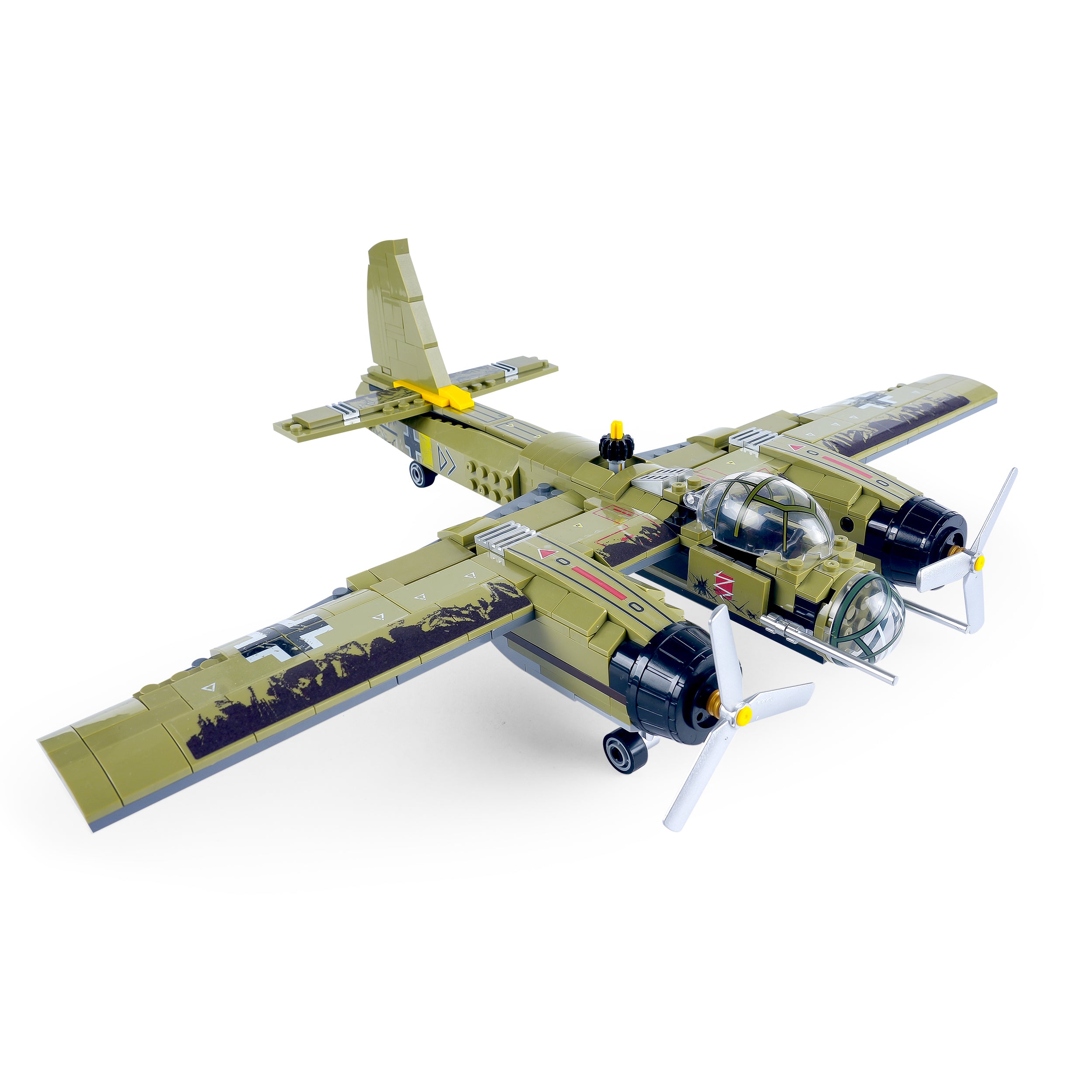 Angled front view of the General Jim’s JU-88 Bomber military aircraft brick model highlighting propellers, cockpit canopy, and wing mounted engines.