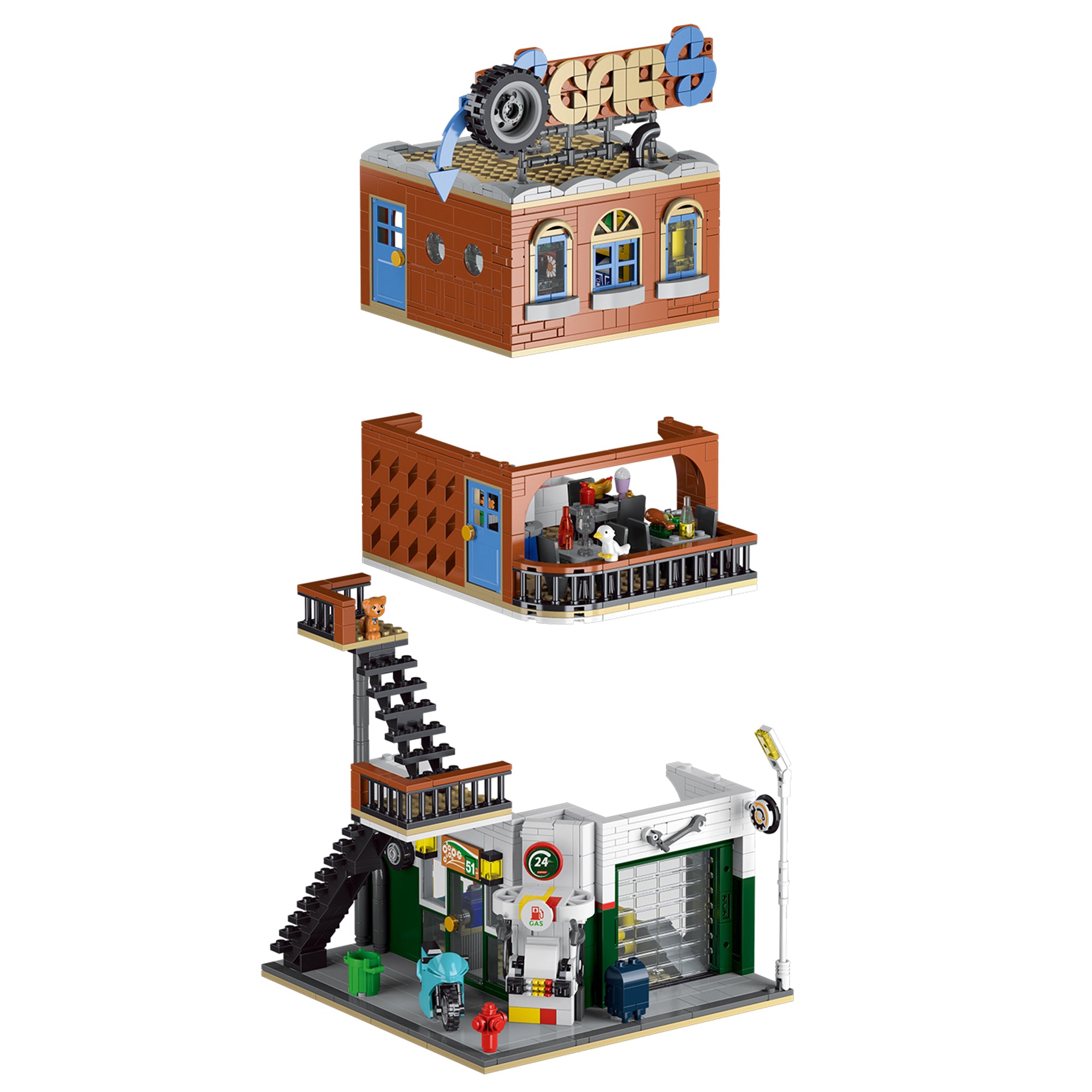 Car Repair Shop & Diner Dual Build Building Block Set | General Jim's Toys & Bricks | GJ-CRS