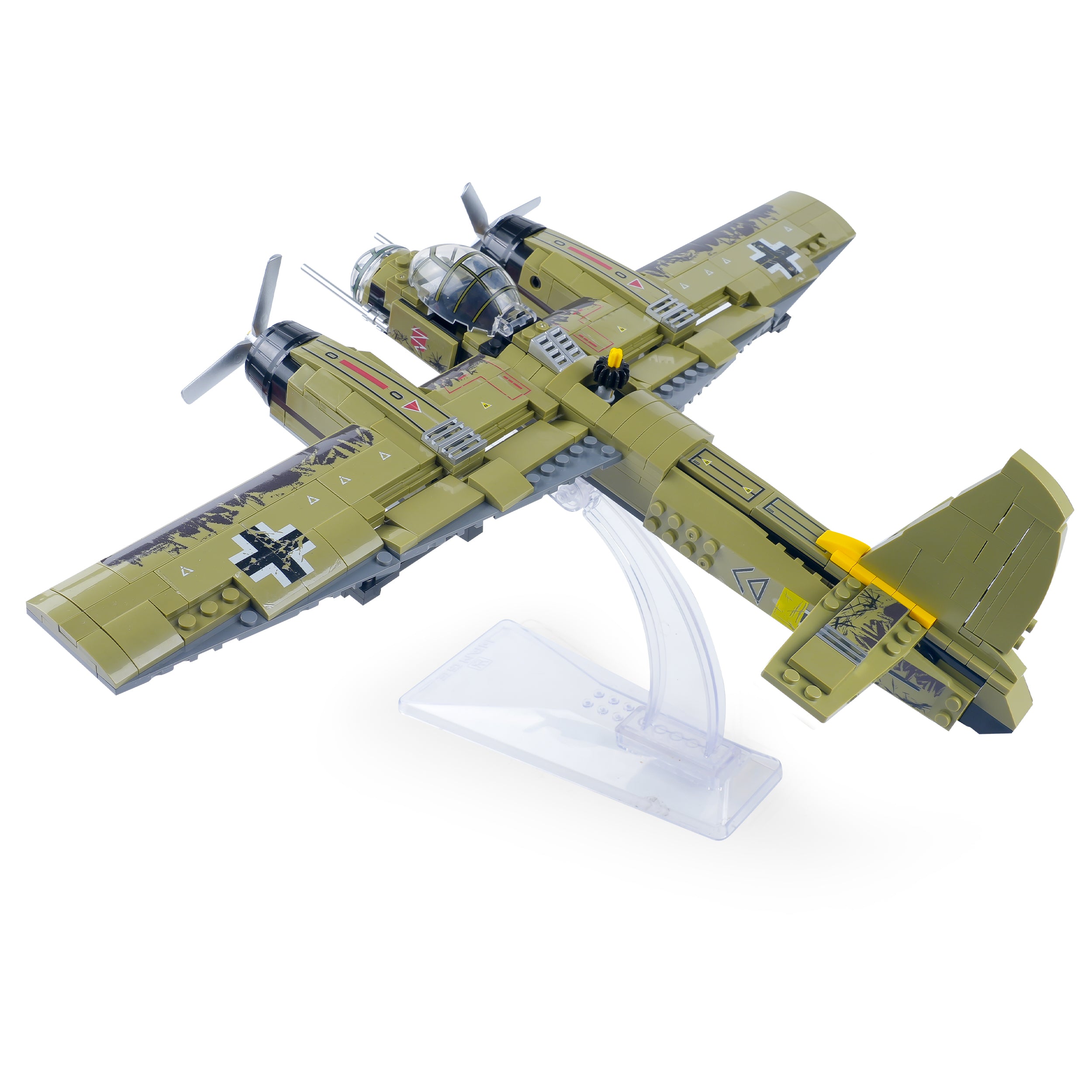 Rear perspective of the JU-88 Bomber model aircraft on display stand showing detailed tail design, exhausts, and landing gear components.