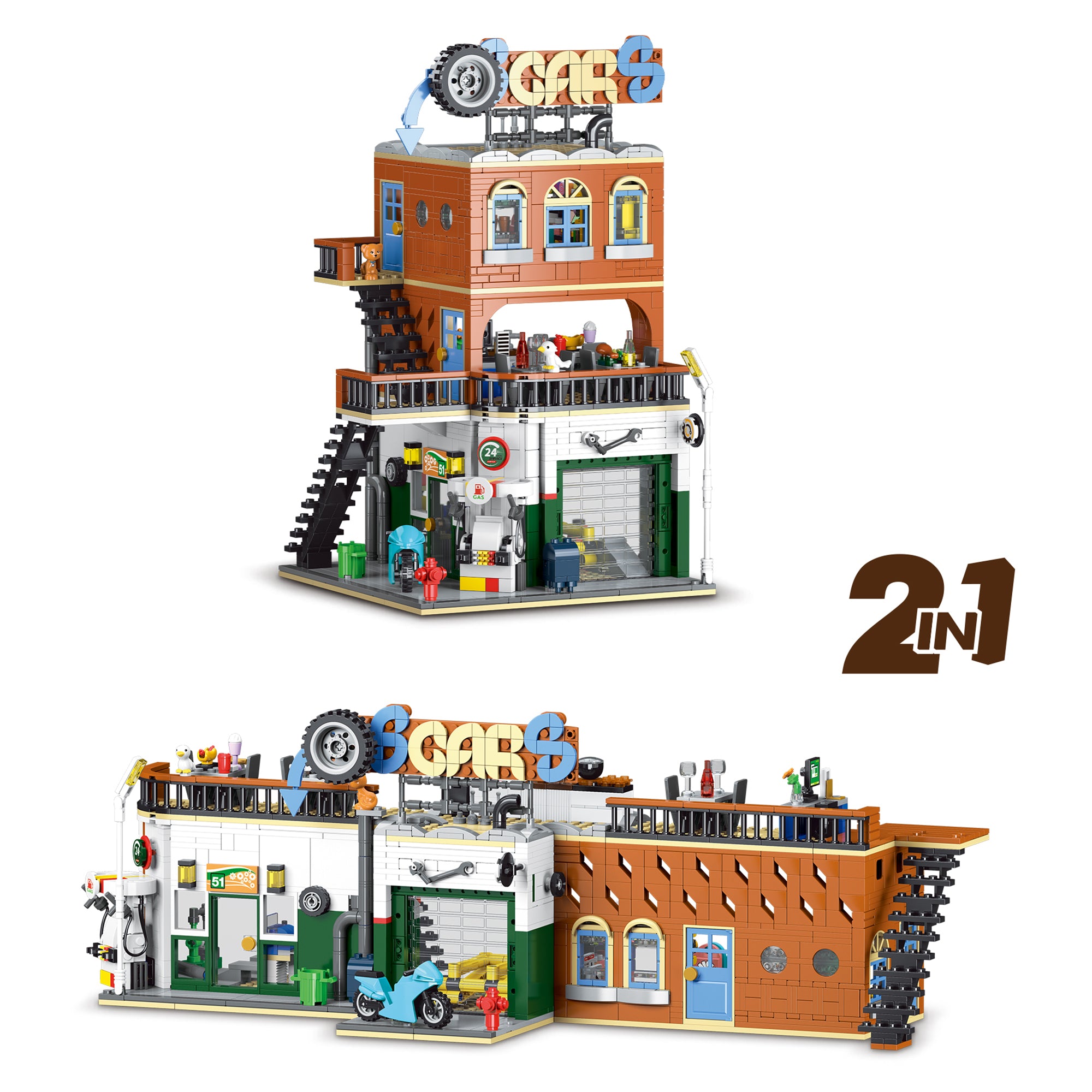 Car Repair Shop & Diner Dual Build Building Block Set | General Jim's Toys & Bricks | GJ-CRS