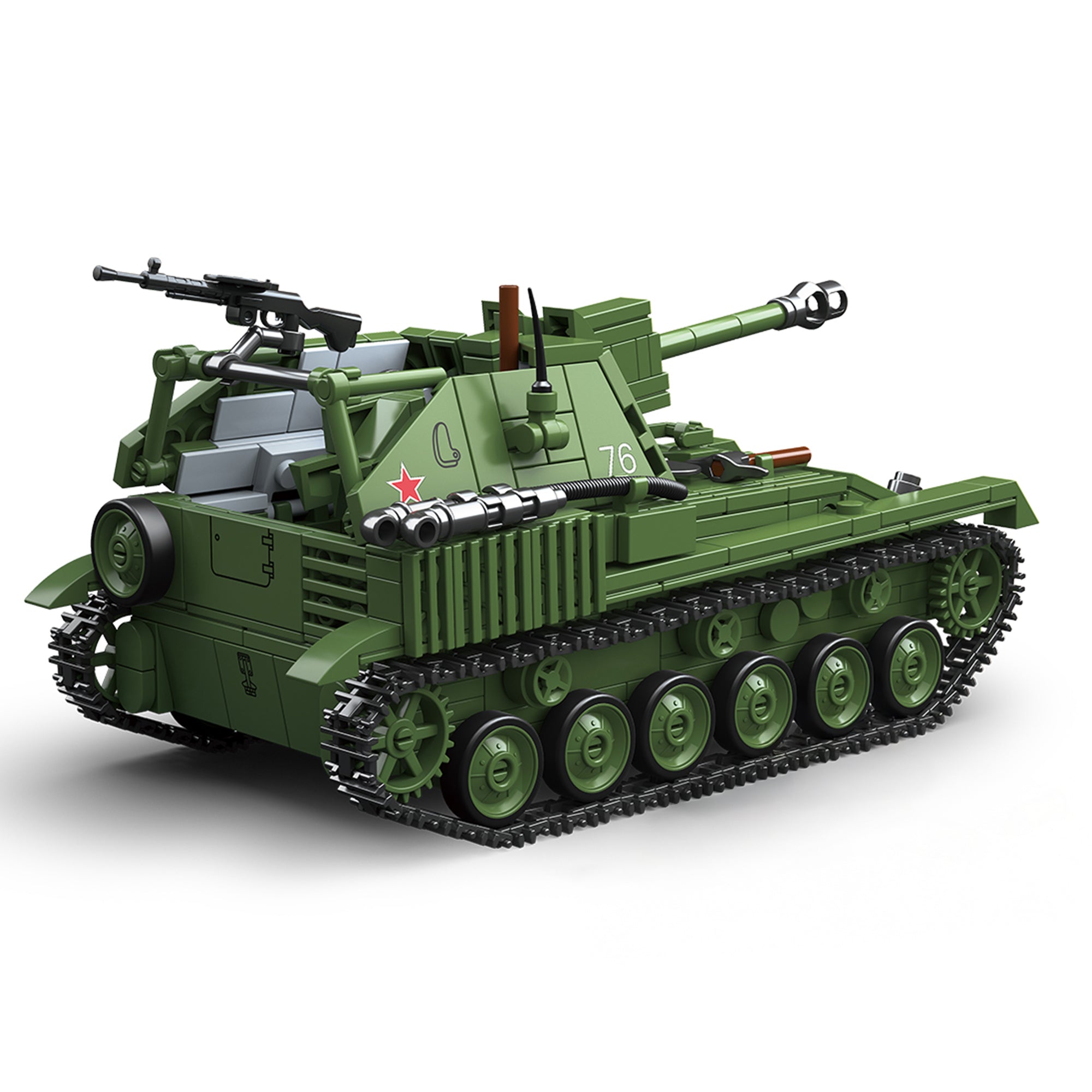 Rear angle view of SU-76M Soviet self-propelled gun block model with open-top design