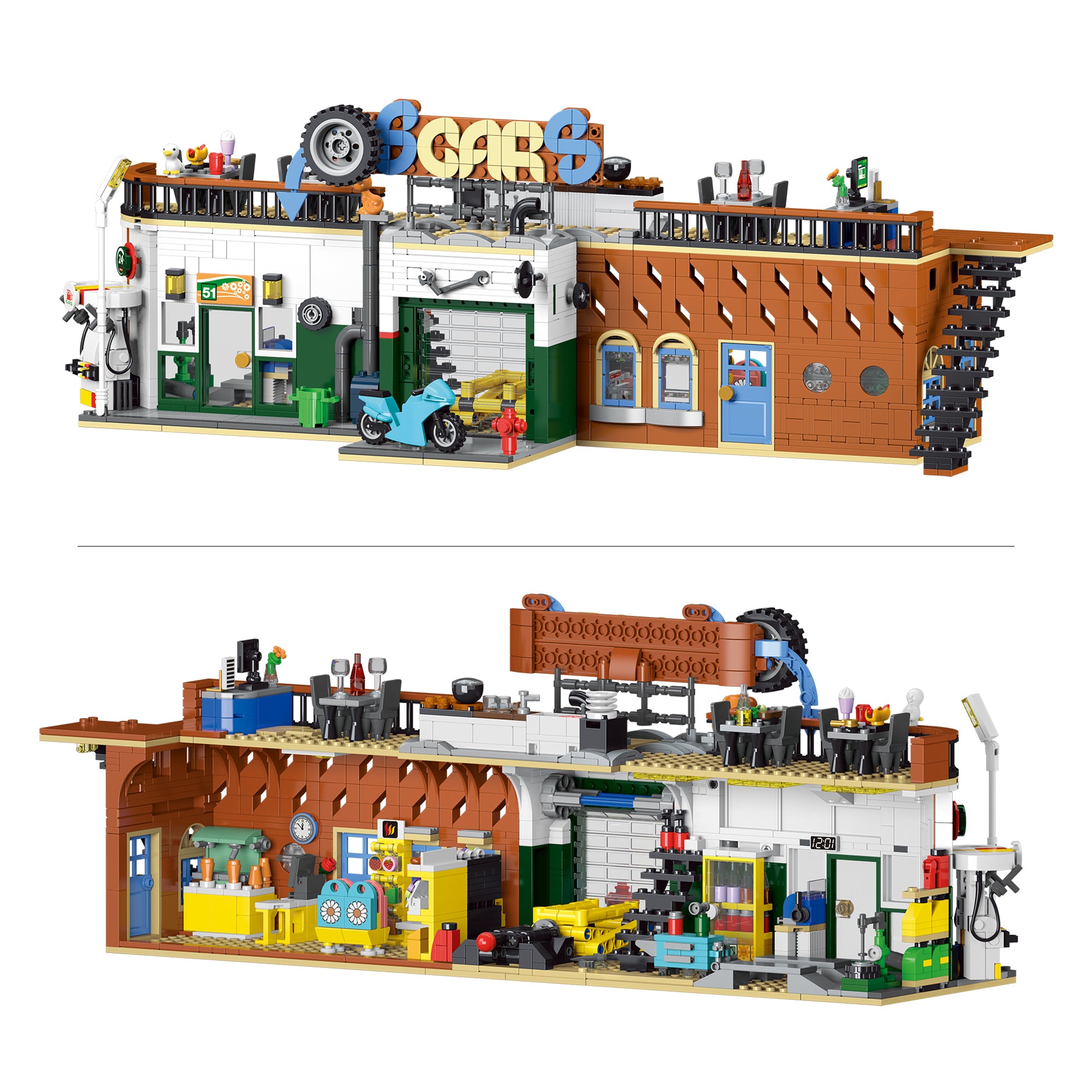 Car Repair Shop & Diner Dual Build Building Block Set | General Jim's Toys & Bricks | GJ-CRS