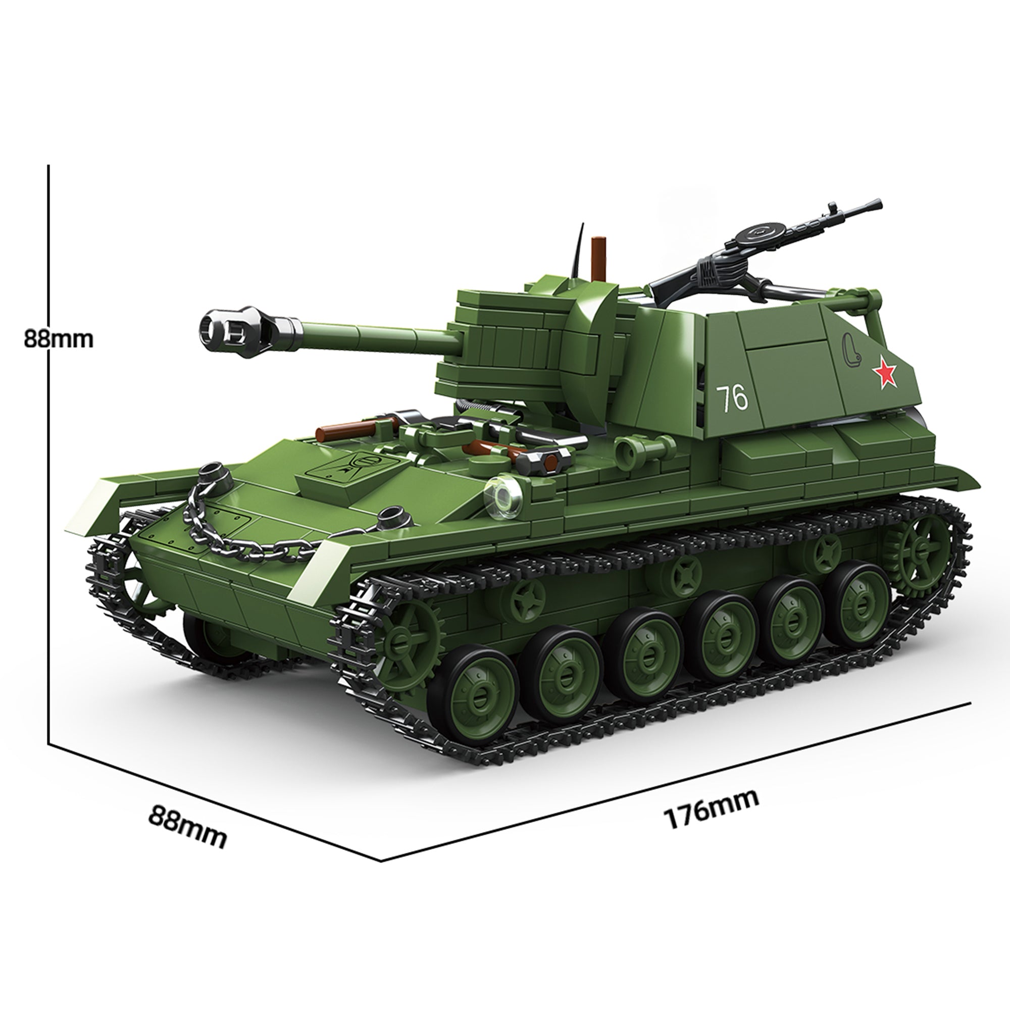 SU-76M tank building block set dimensions 88mm tall 88mm wide 176mm long