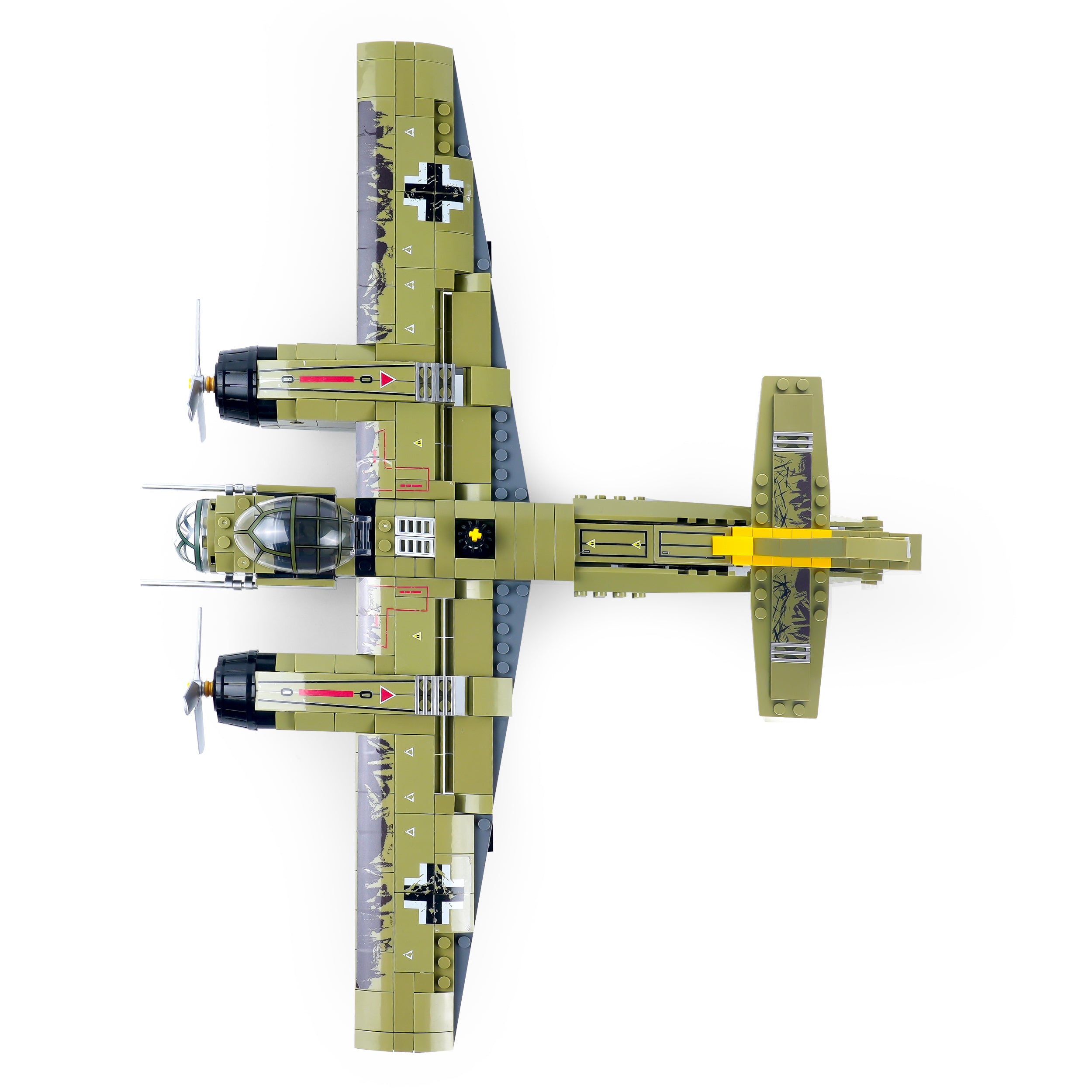 Top view of the JU-88 Bomber WWII aircraft brick model showing camouflage wings, cross insignias, and realistic proportions for collector display.