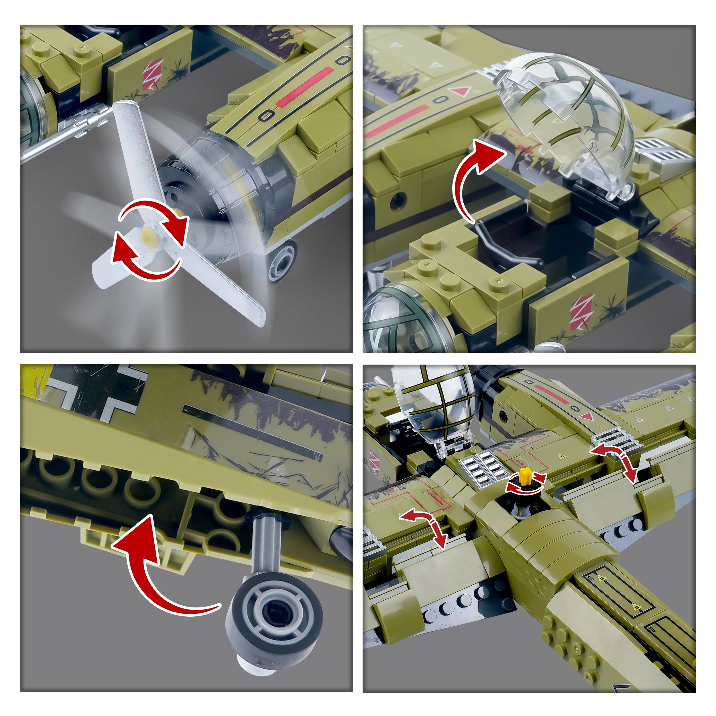 Close-up collage of JU-88 Bomber details showing rotating propellers, cockpit canopy, landing gear, and underwing bomb bay brick features.