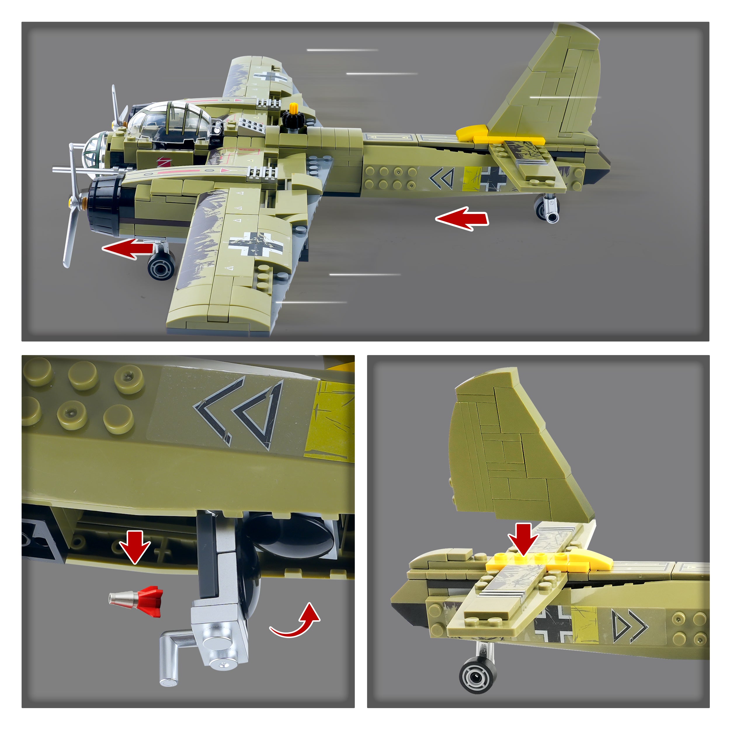Detail collage showing adjustable rudder, movable landing gear, printed tail markings, and functional design of the JU-88 Bomber model kit.