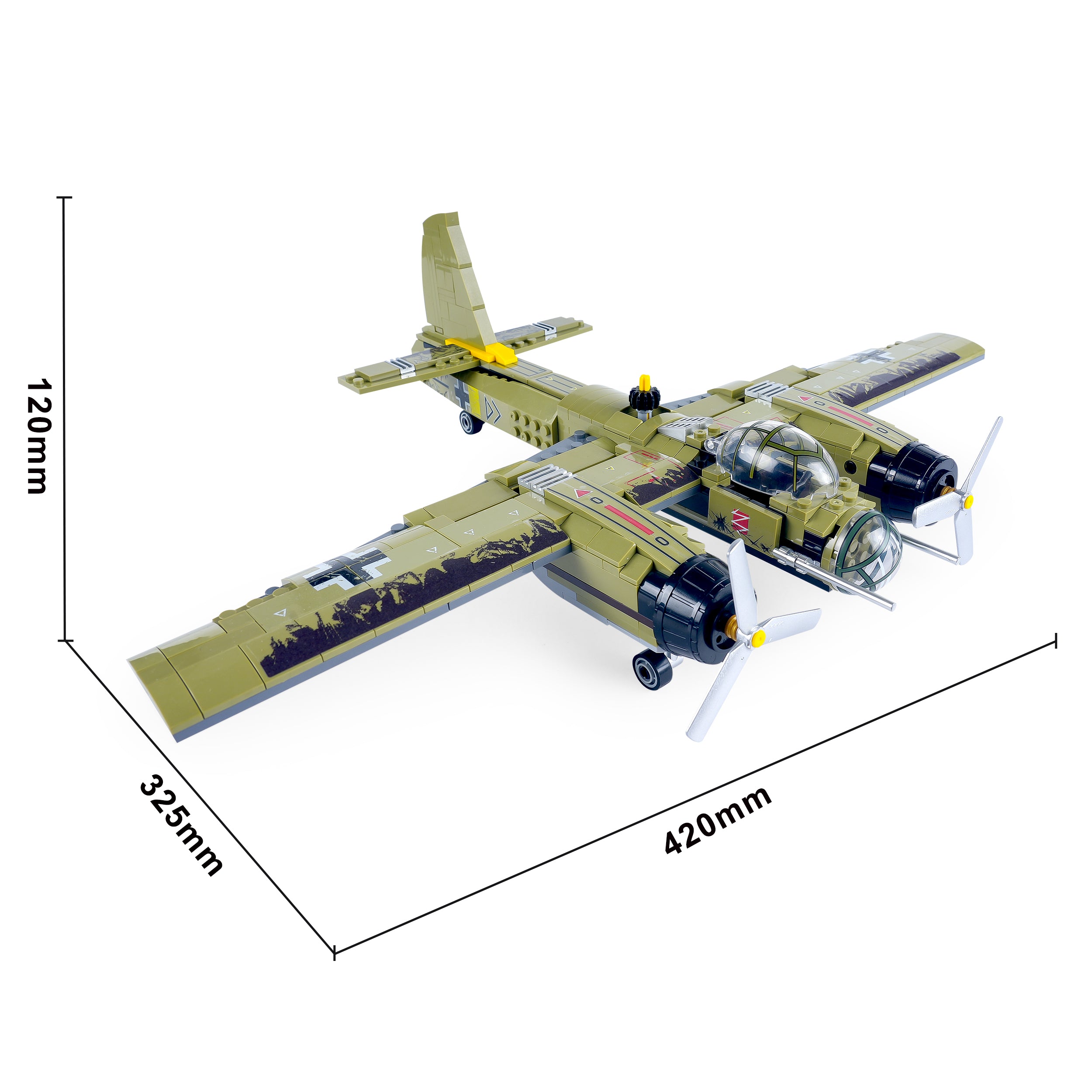 Size reference image with full dimensions of the General Jim’s JU-88 Bomber brick model showing wingspan, length, and proportional aircraft scale.