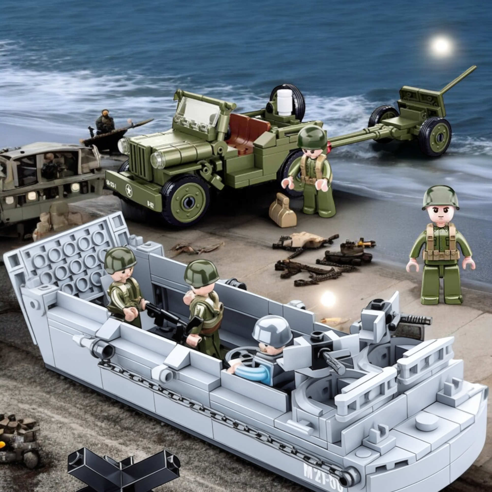 WWII Military Higgins Boat Landing Craft and Vehicle Building Block Set | General Jim's Toys & Bricks | GJ-LCN