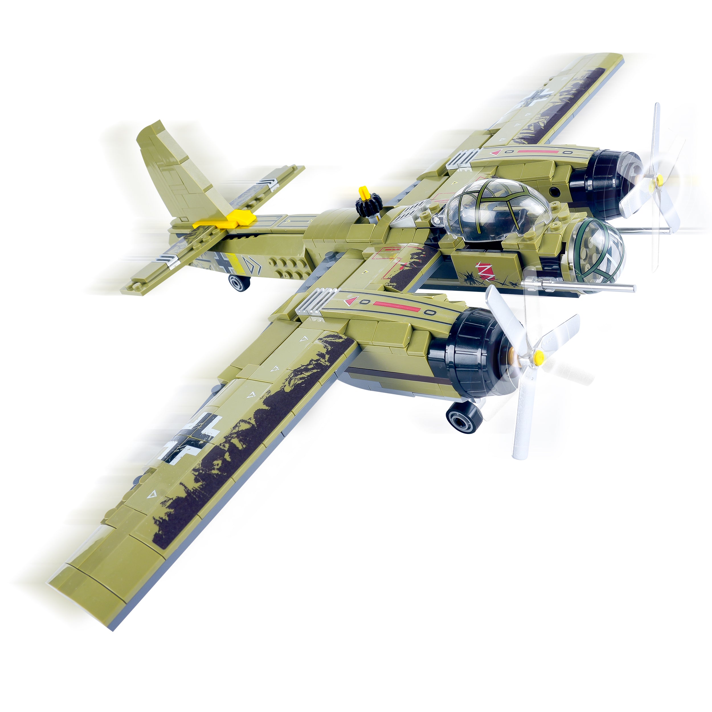 In-flight view of the General Jim’s JU-88 Bomber WWII airplane building set on transparent stand showing propellers spinning and aerodynamic shape.