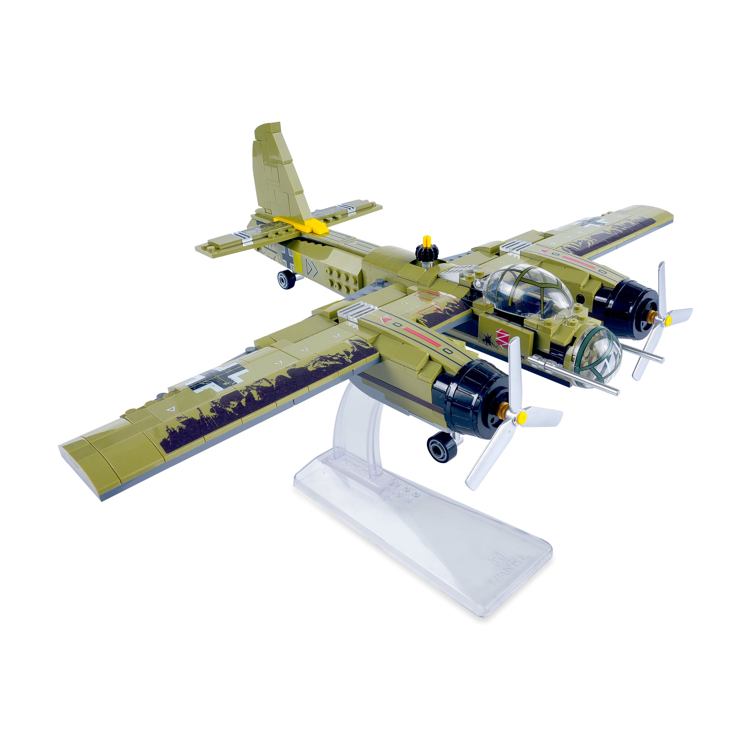 Three-quarter right angle of the JU-88 Bomber brick airplane model on included stand showing landing gear, cockpit glass, and detailed engine design for collectors.