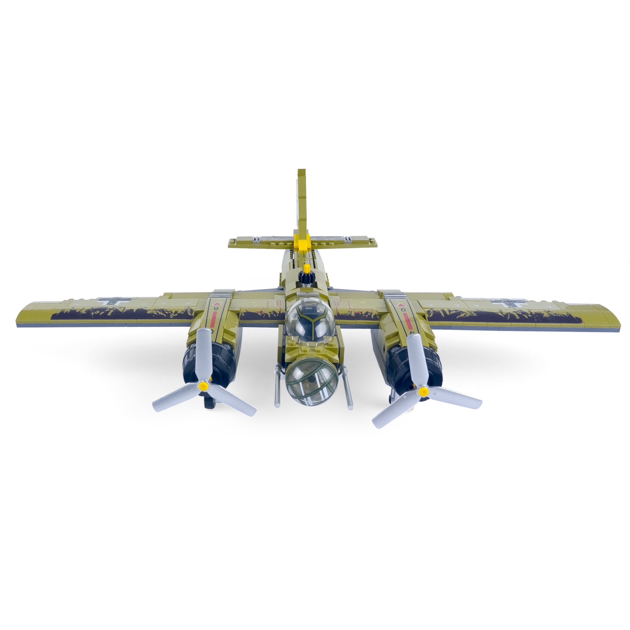 Front view of the General Jim’s JU-88 Bomber WWII model plane highlighting cockpit detail, propeller alignment, and dual engine configuration.