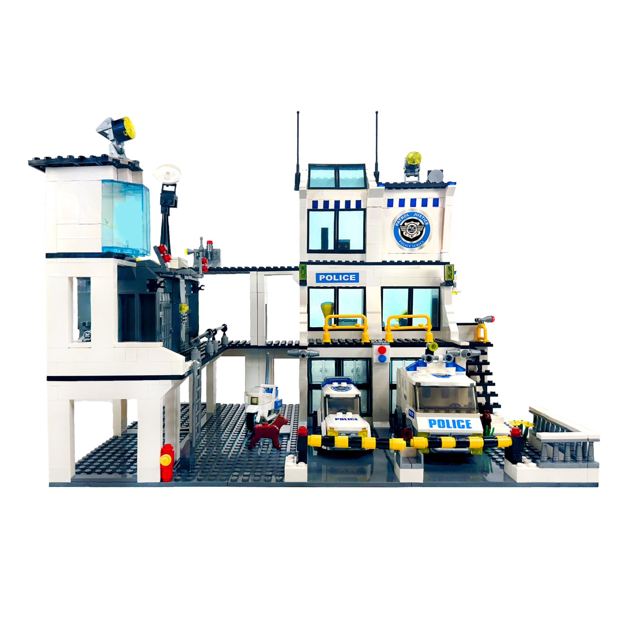 Front view of Police Station and Jail modular city building set with accessories