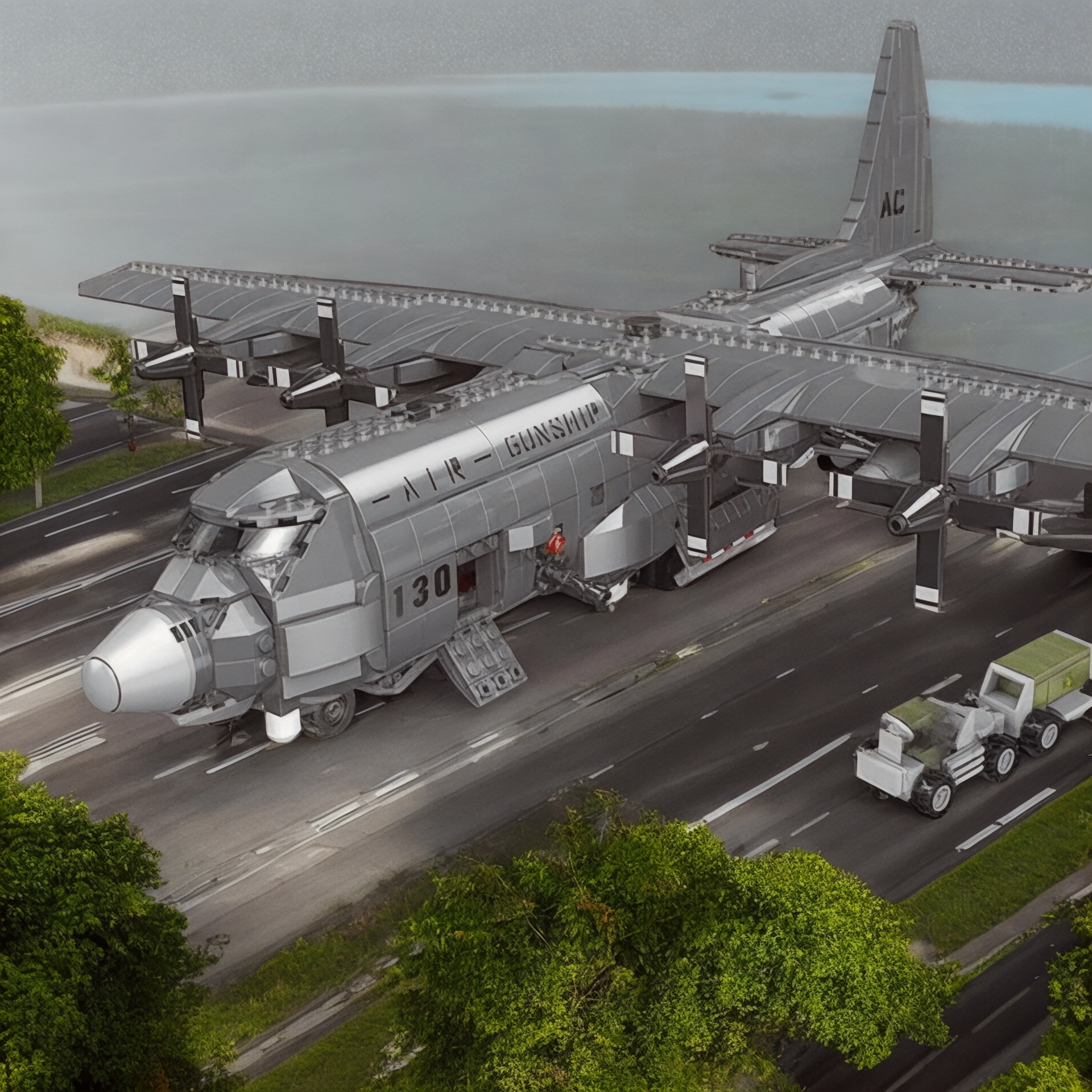 Gray AC-130 Hercules gunship model made from building blocks, with four propellers, “AIR GUNSHIP” markings, and a support vehicle nearby.