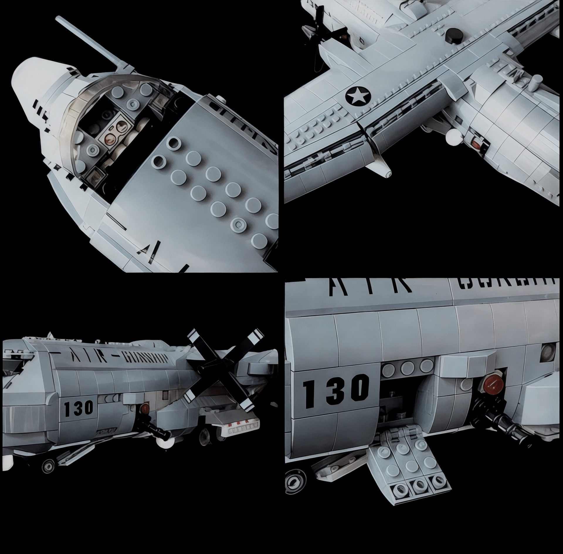Close-up views of a gunship airplane model, showing cockpit, wings, propellers, and side hatch details.