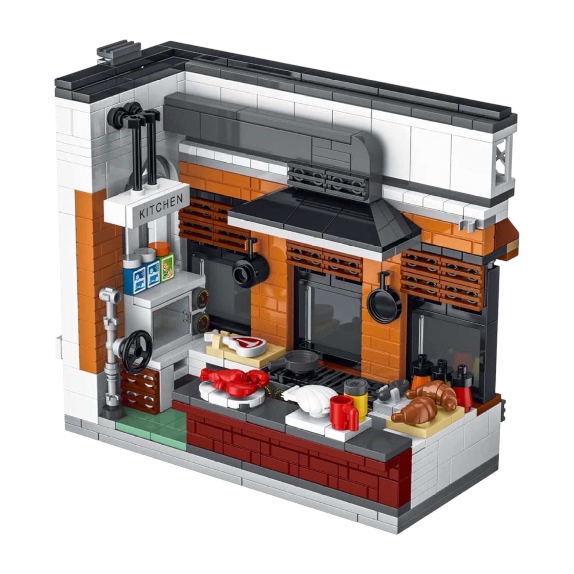 Restaurant kitchen brick build with stovetop, hanging pans, seafood, bread, and baked goods displayed on countertops.