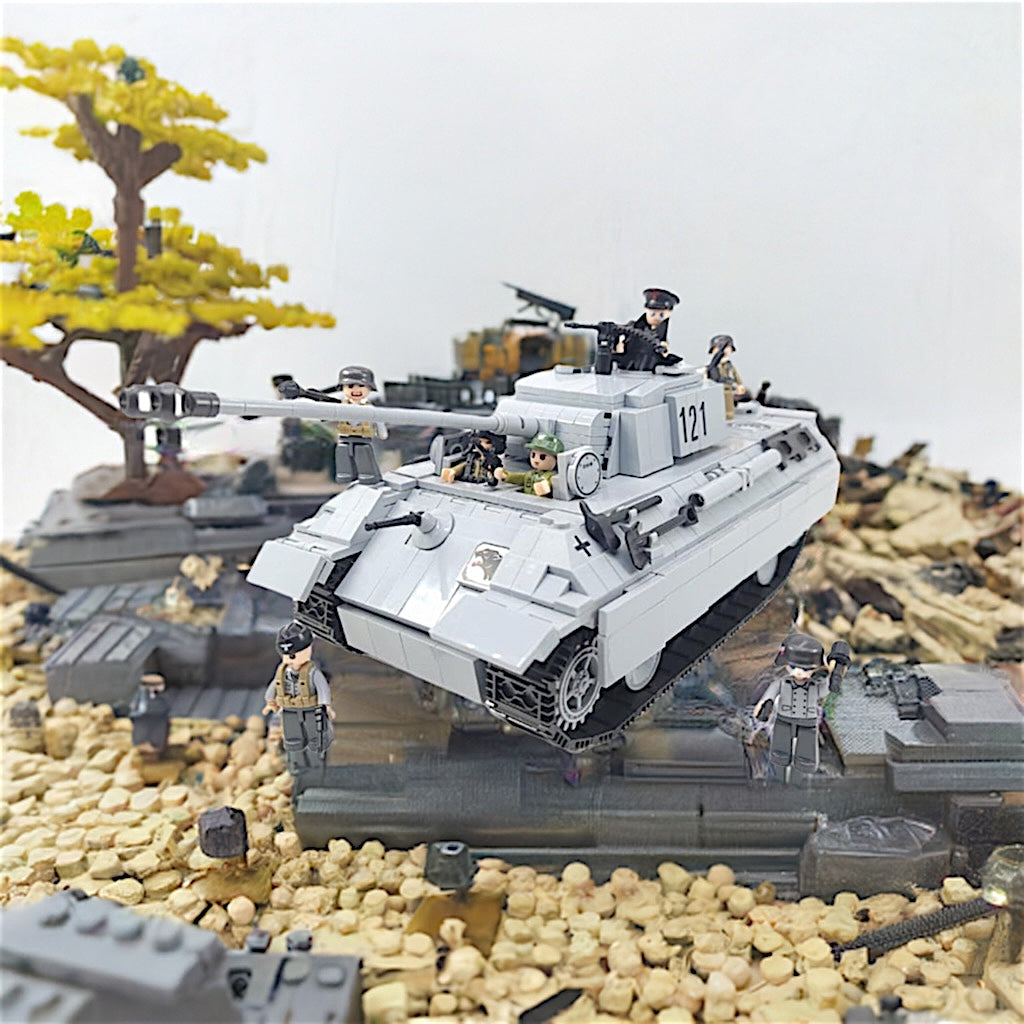 Panther 121 German tank building set staged in a realistic battlefield diorama with terrain, soldier figures, and combat accessories – designed for historical reenactments, military MOC displays, and advanced brick builders