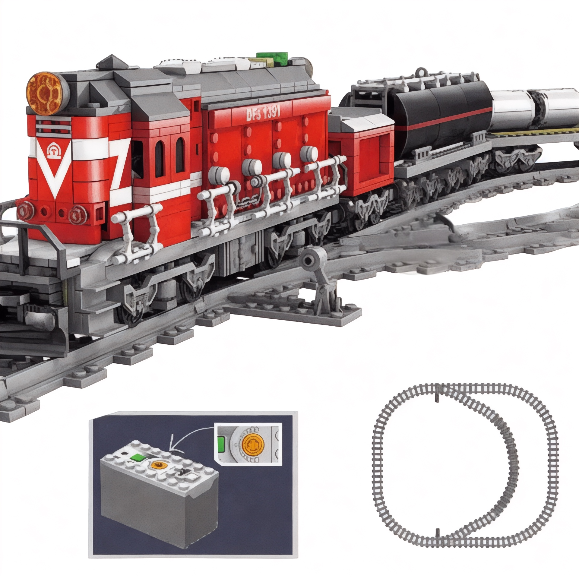 Powered red cargo train model displayed on track with inset images of battery box and circular rail system.