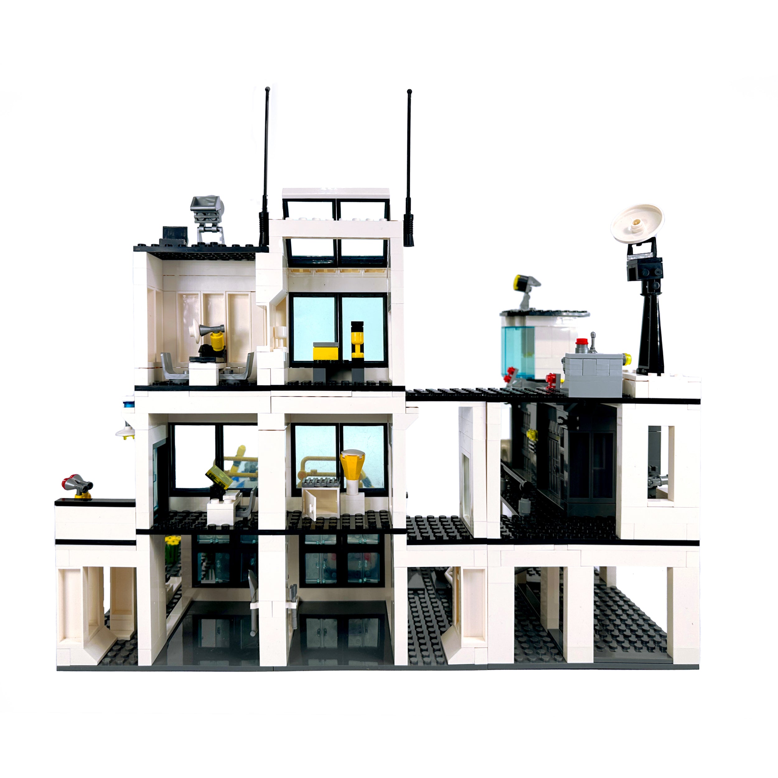 Rear view of police station showing jail cells, command center, and rooftop details