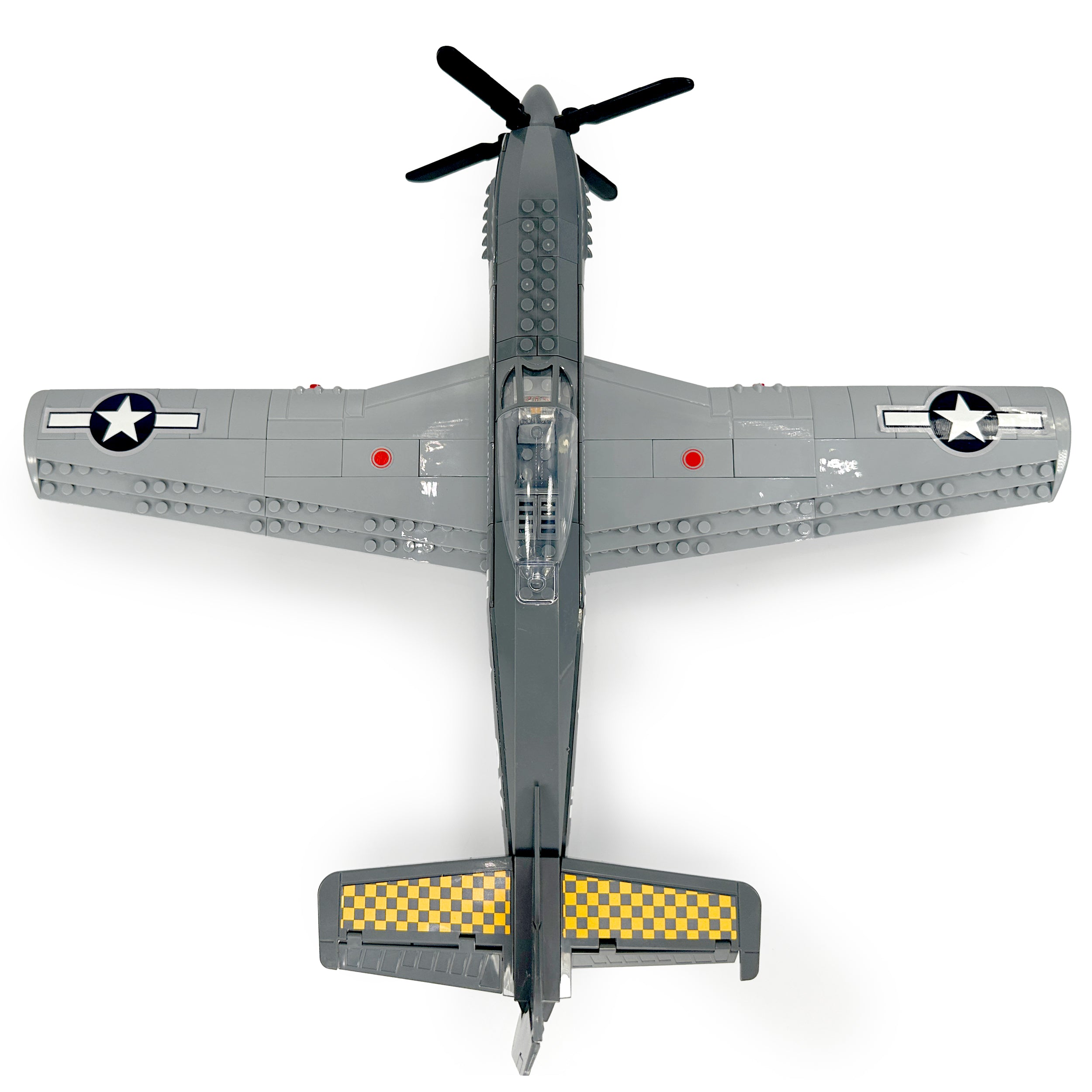 Top-down view of assembled P-51 Mustang fighter plane model