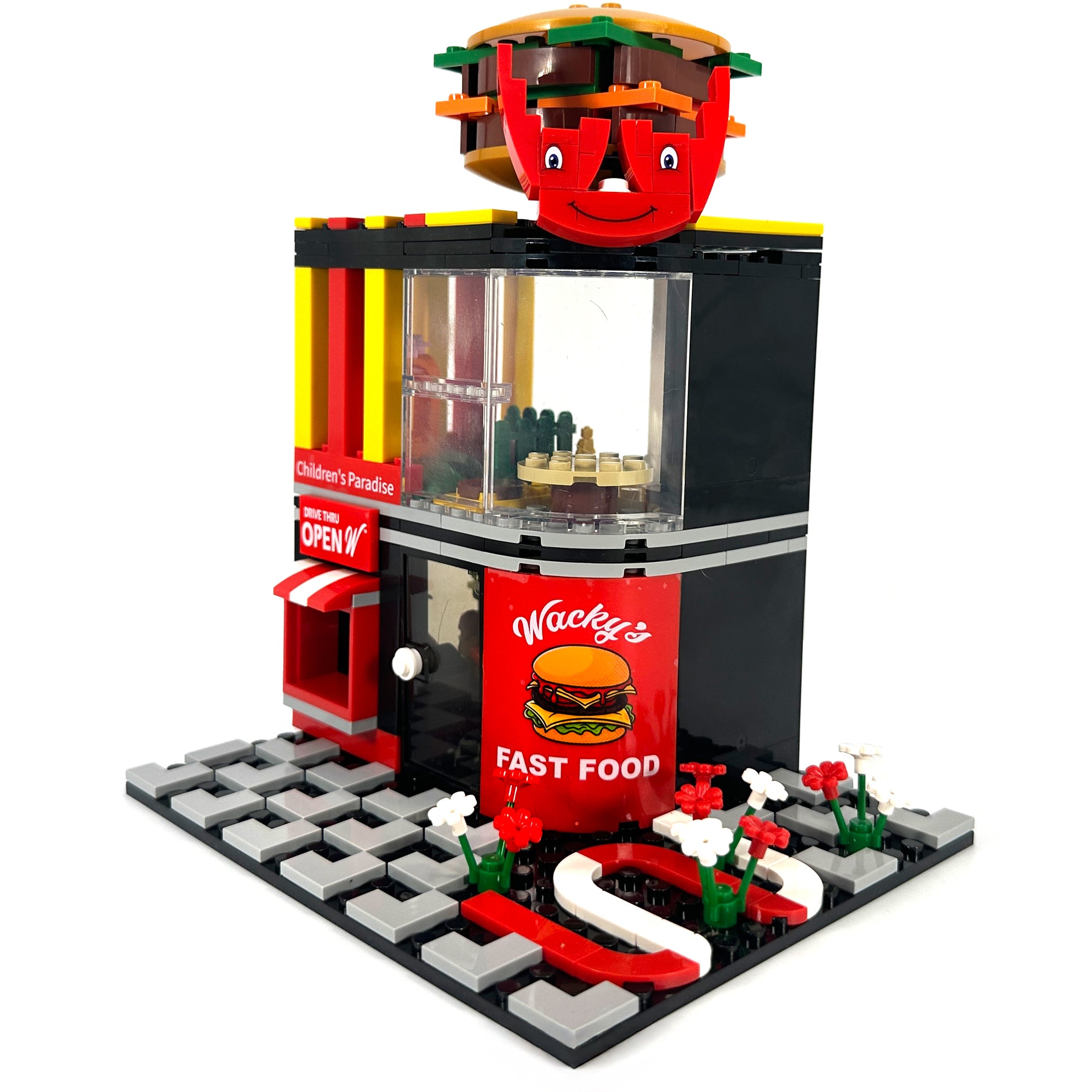 Angled view showing sidewalk detail with "LOVE" lettering next to Wacky's restaurant