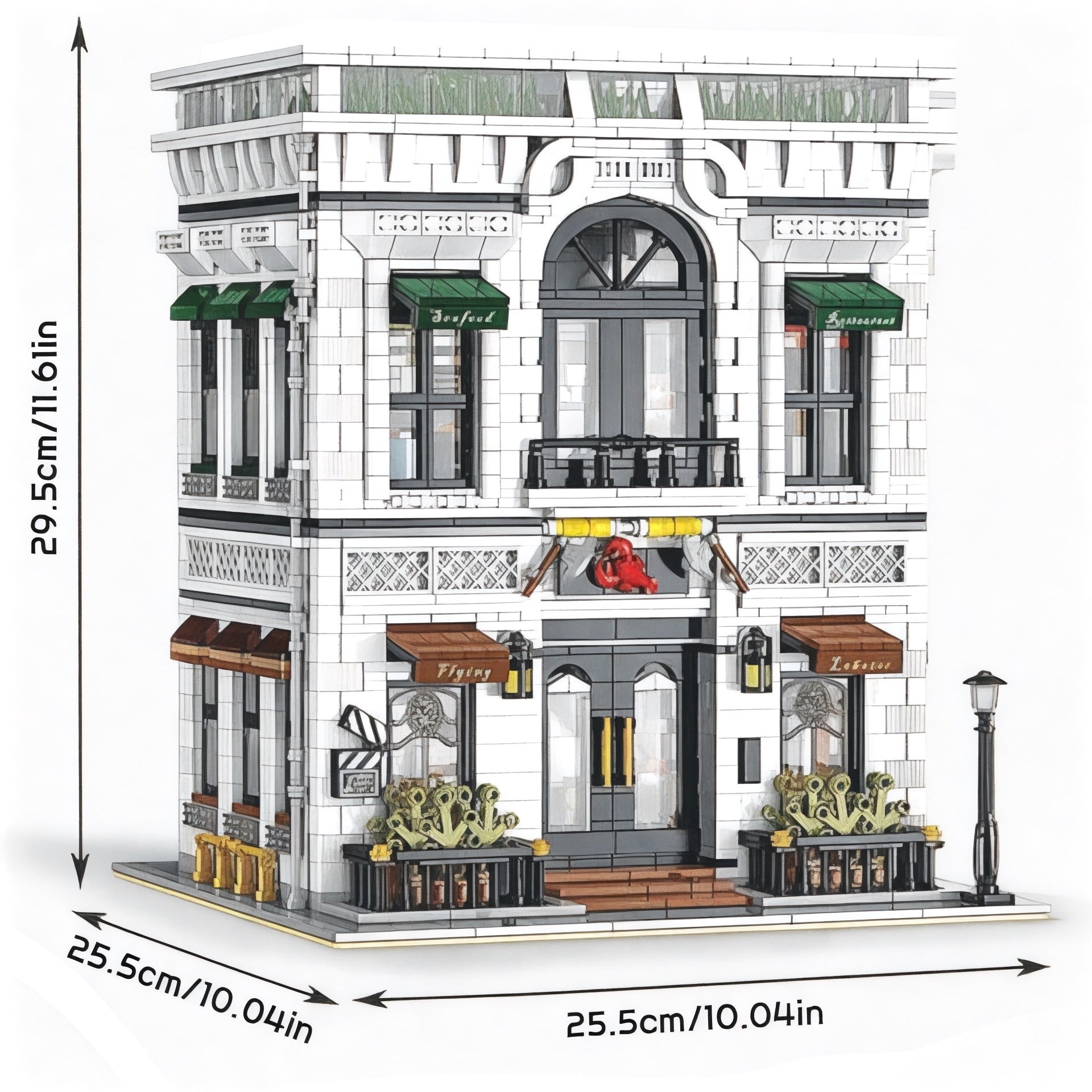Modular restaurant brick build measuring 29.5 cm tall and 25.5 cm wide, shown at an angle to highlight architectural detail.