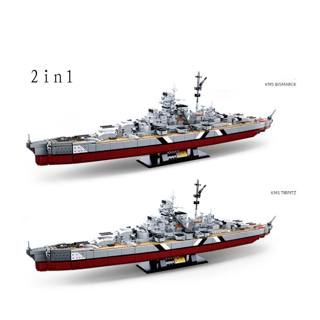 2-in-1 German Bismarck & Tirpitz Battleship Building Block Set | 1,849-Piece Historical Building Block Set | GJ-BIS