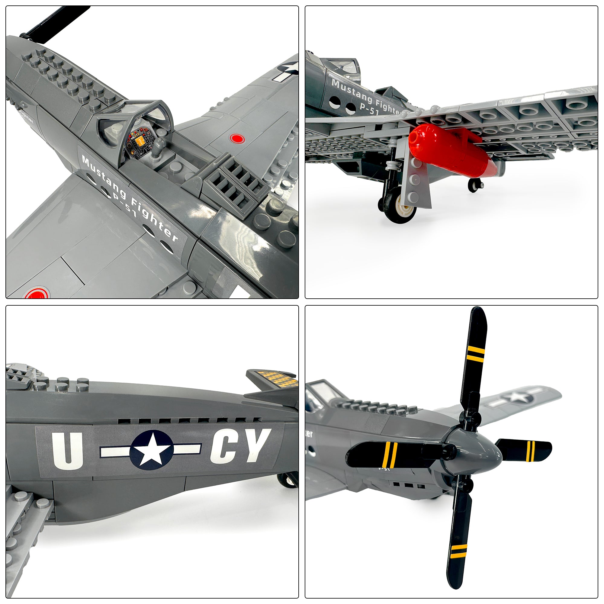 Detail view of cockpit, propeller, and bomb accessories on P-51 Mustang model