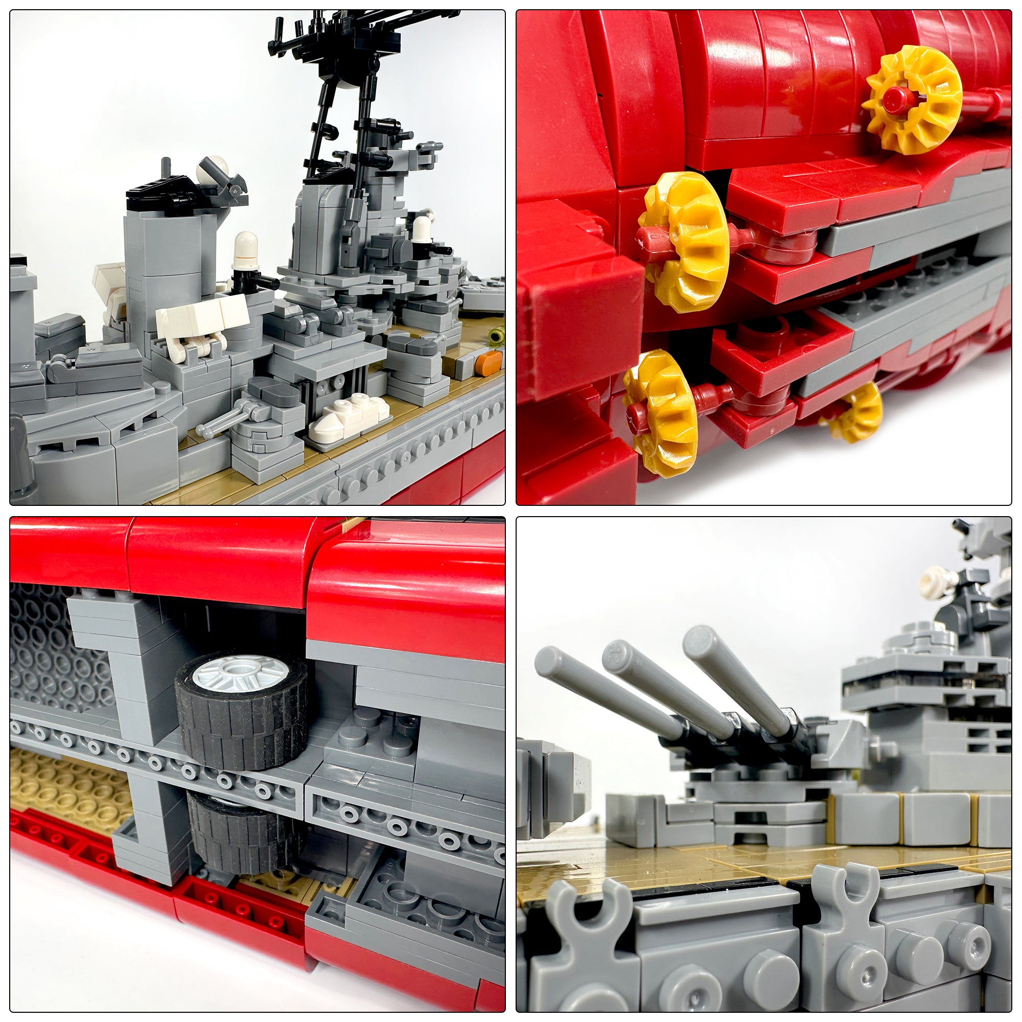 Detail collage showing close-ups of artillery, propellers, towers, and turrets on the USS Missouri model