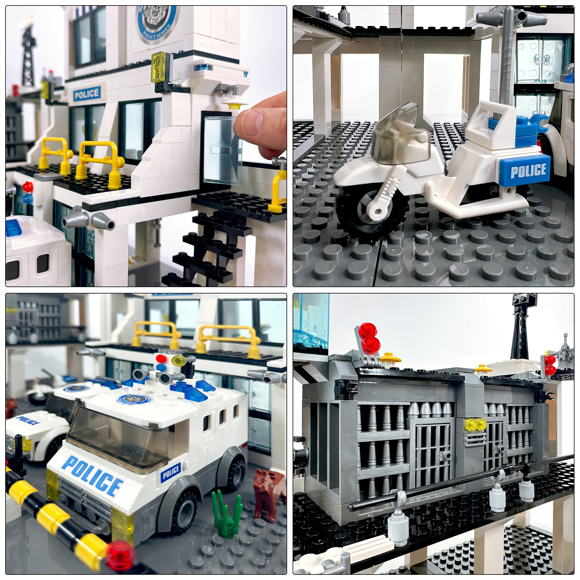 Detail shot of functional doors, police motorcycle, jail cells, and paddy wagons