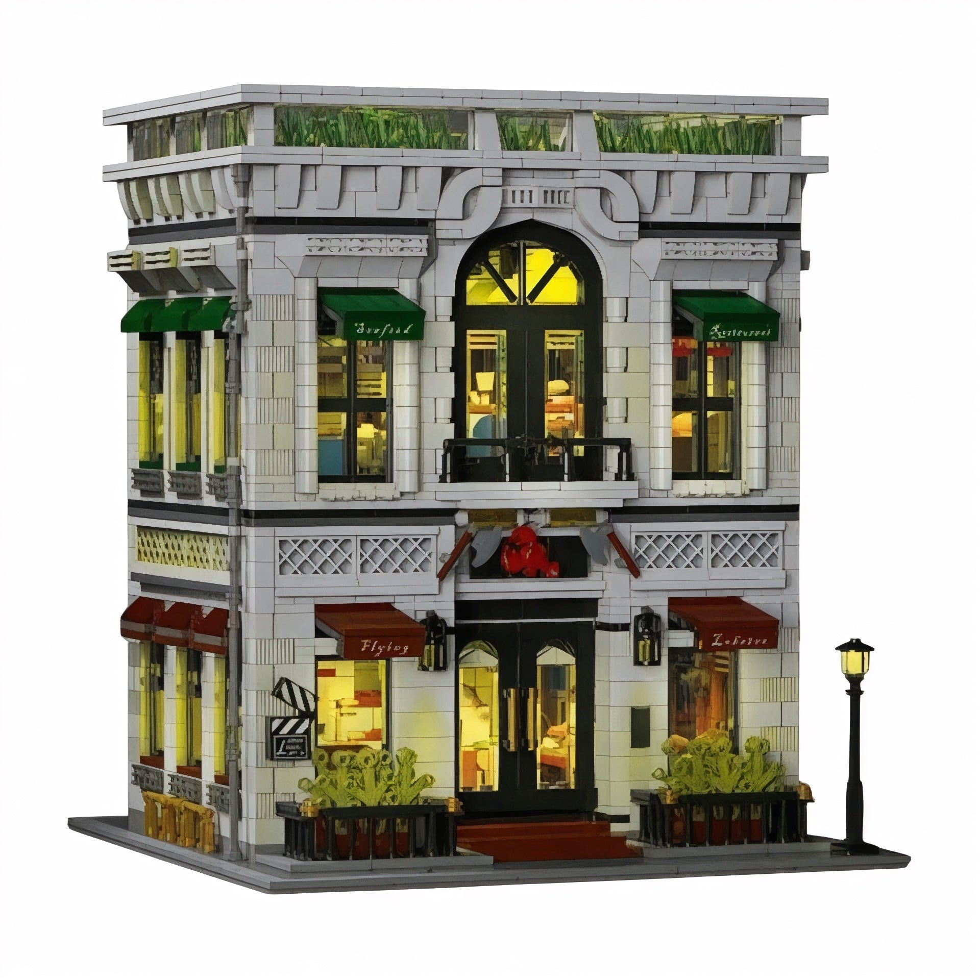 Front exterior of illuminated restaurant building block model at night, with lamp post, balcony doors, and red lobster sign over entrance.