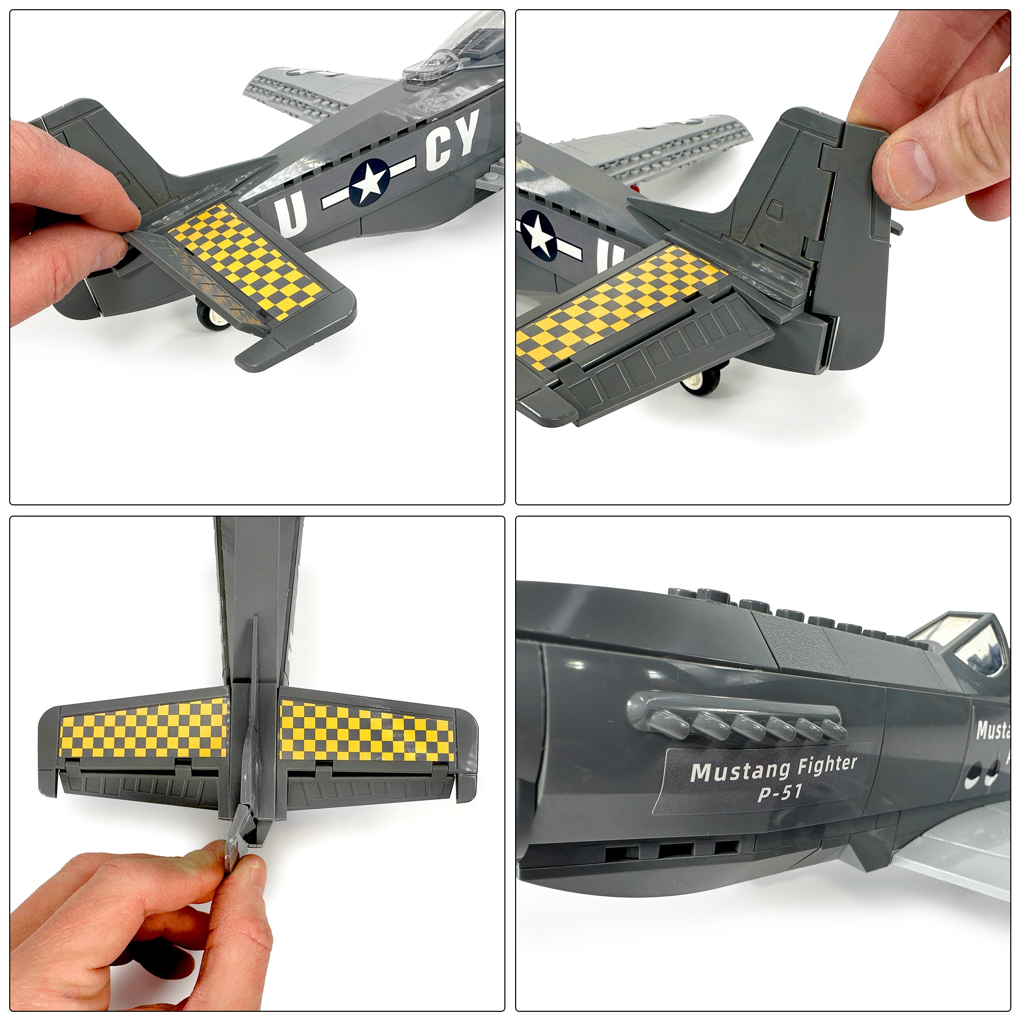 Close-up of moving parts including tail rudder and wing flaps of WWII fighter