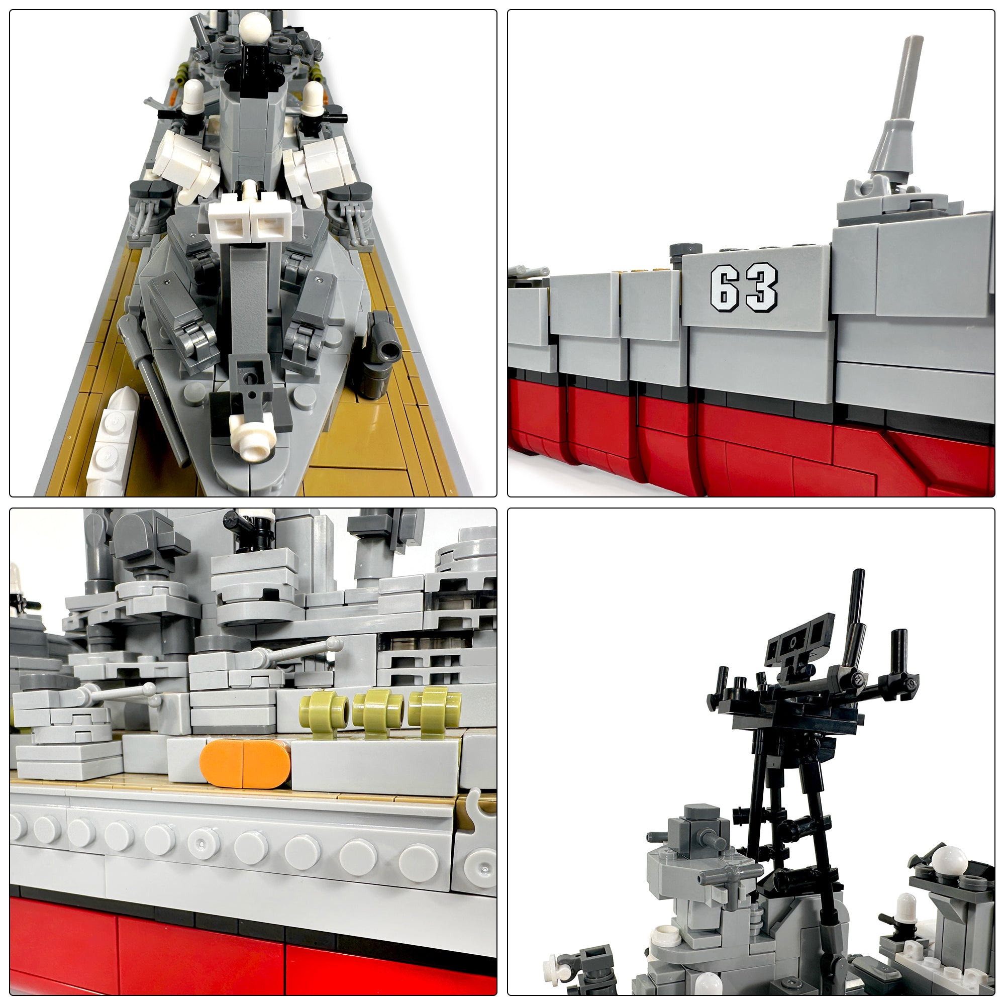 Detail collage showing different angles and structural features of USS Missouri building set