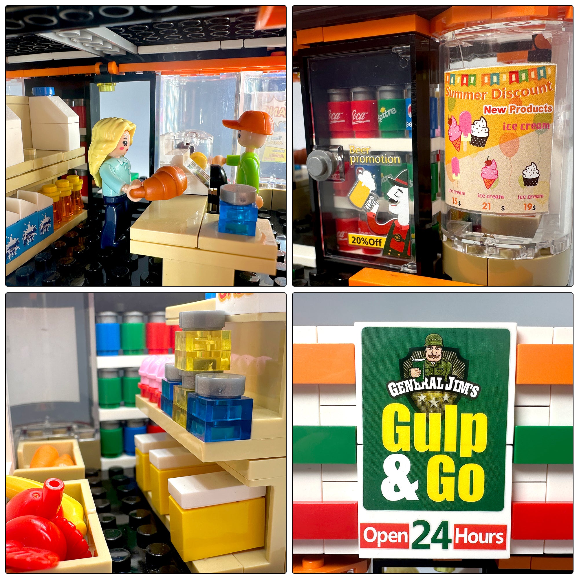 Interior detail shot showing mini-mart displays, awnings, checkout counter, and frozen drink machine