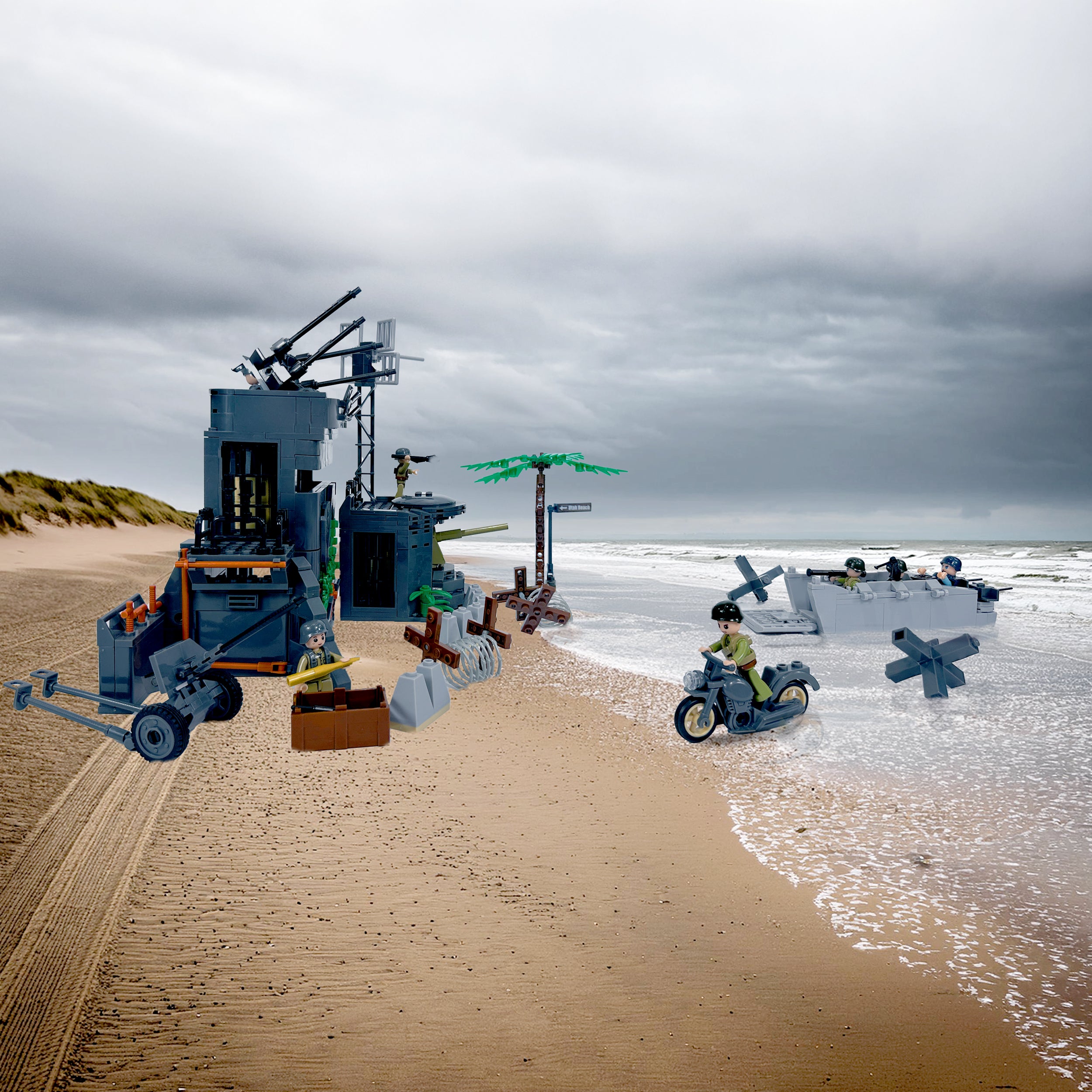 World War II German military block set featuring coastal defenses and landing craft barriers