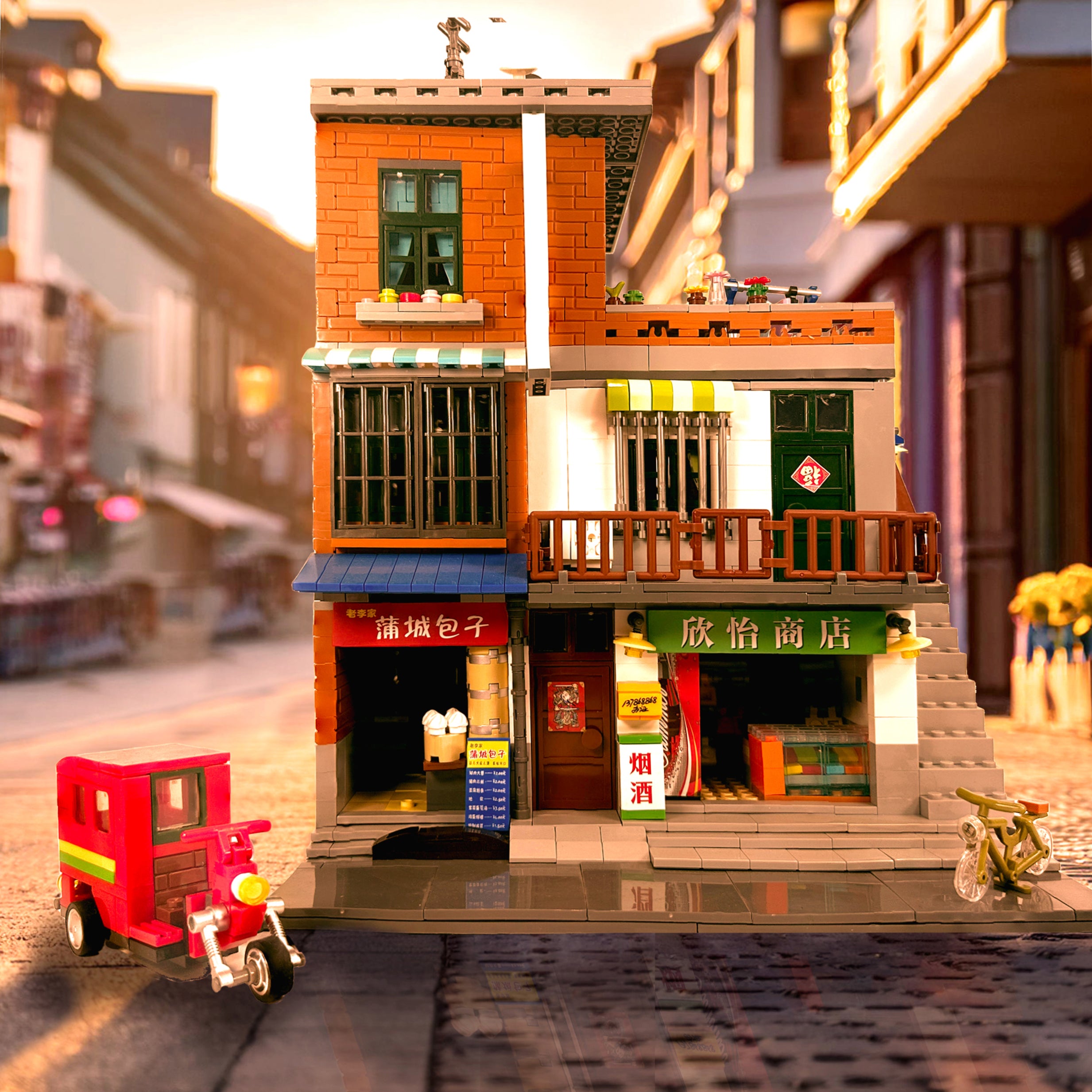 Full street scene featuring Chinese Urban Village City Series set with city backdrop