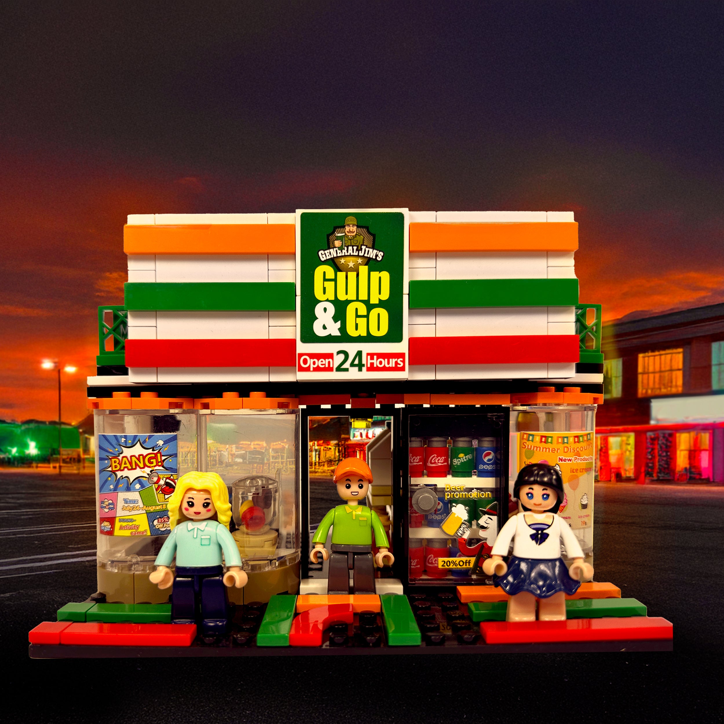 Sunset background scene showing Gulp & Go urban convenience store and three figures in city diorama setting
