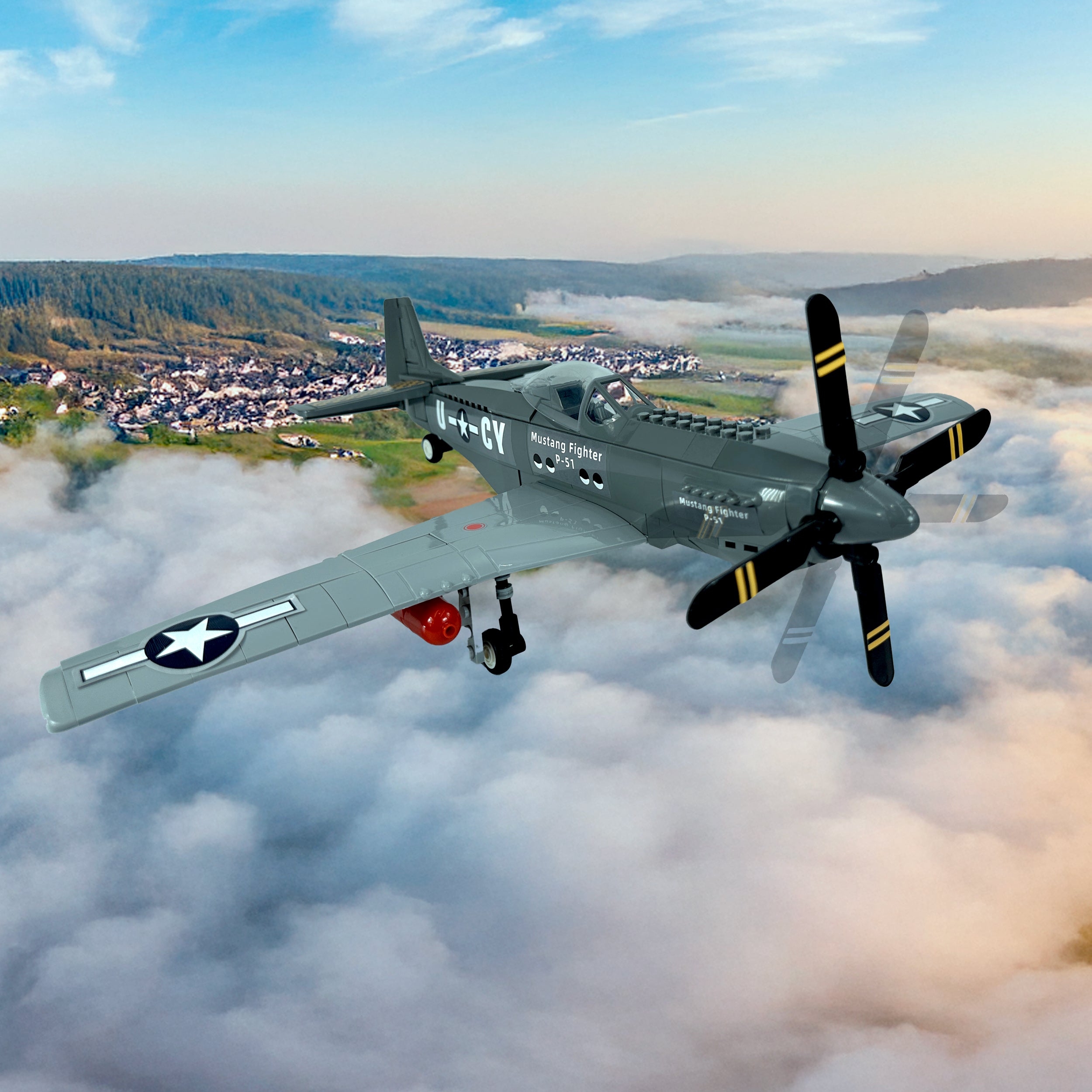 Action shot of P-51 Mustang model flying over clouds in historic battle scene