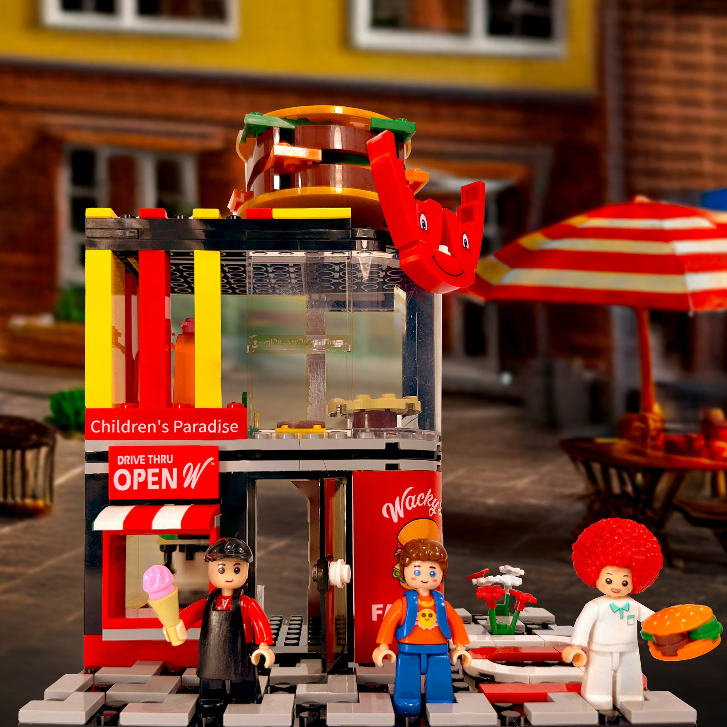 Wacky's Burger Joint displayed in a vibrant city street diorama scene with neighboring buildings