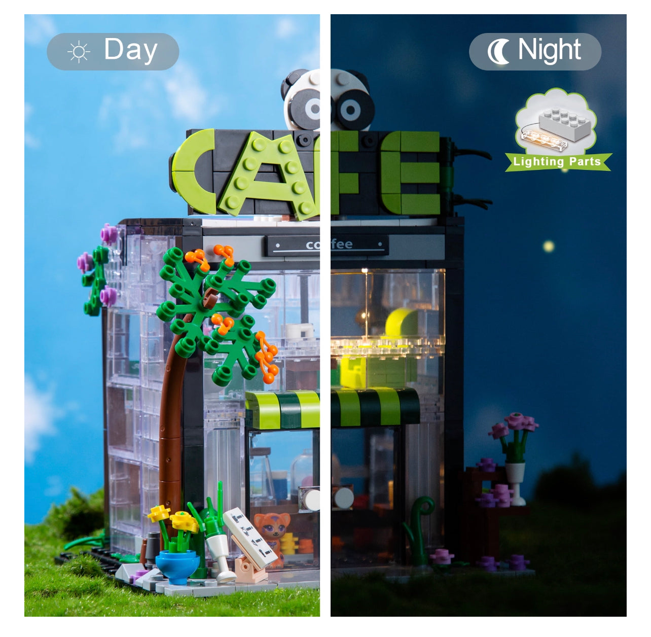 Lighted Panda Cafe Coffee House Building Blocks Set | General Jim's Toys & Bricks | GJ-LPC