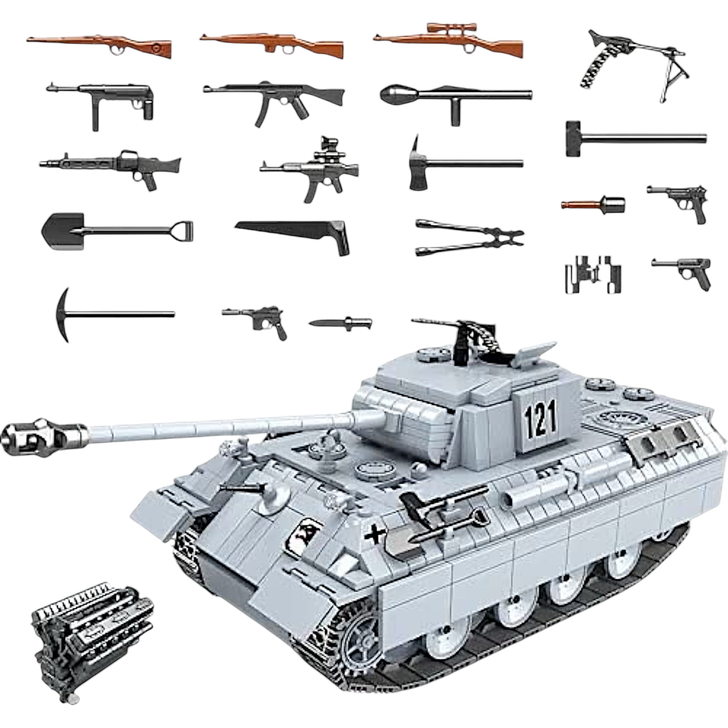 Detailed breakdown view of Panther 121 showing included WWII-style weapons, tools, and exposed engine compartment with open hatches – highlighting functional parts and authentic military design