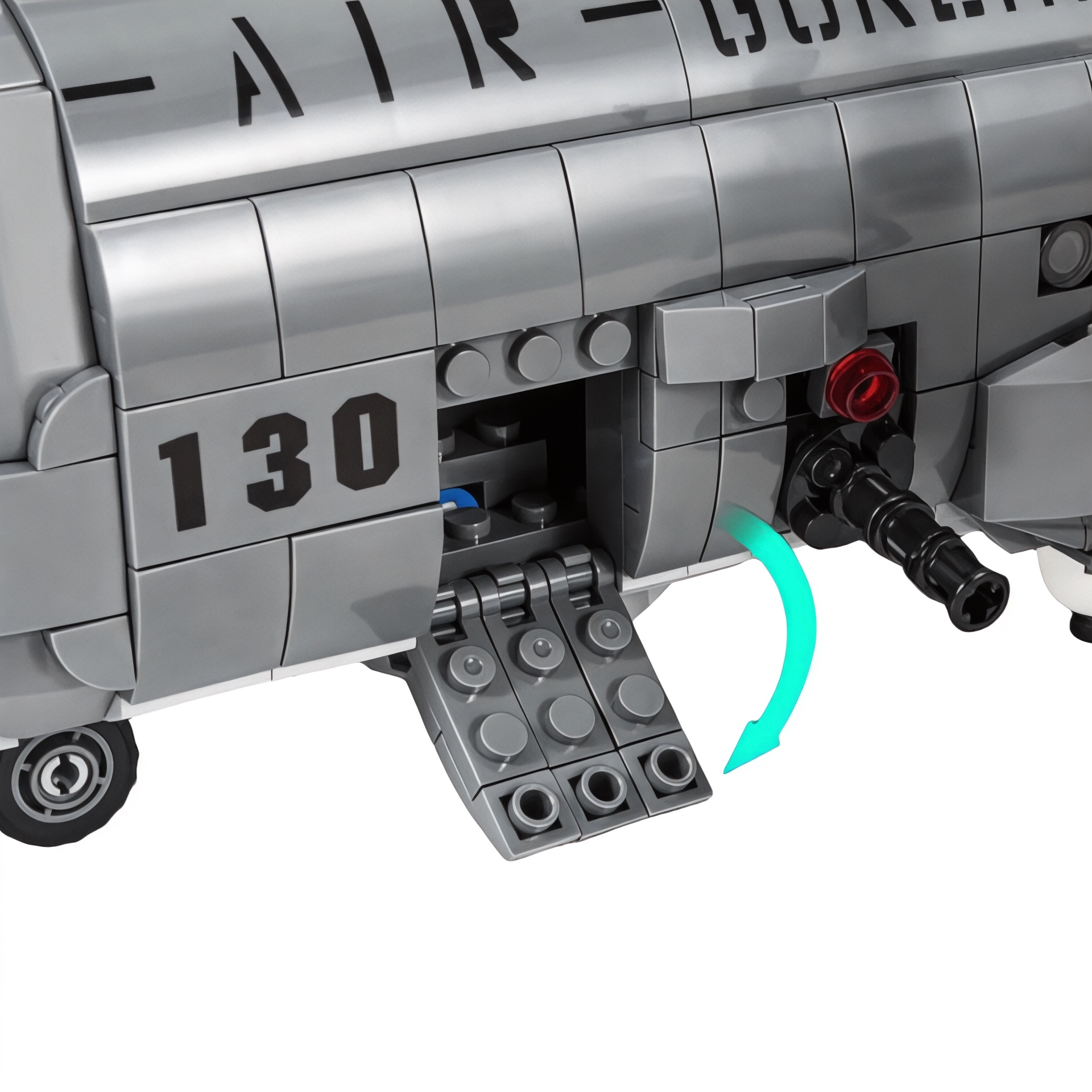 Close up of an airplane interlocking brick model cargo haul bay door opening action and side gun turrets.
