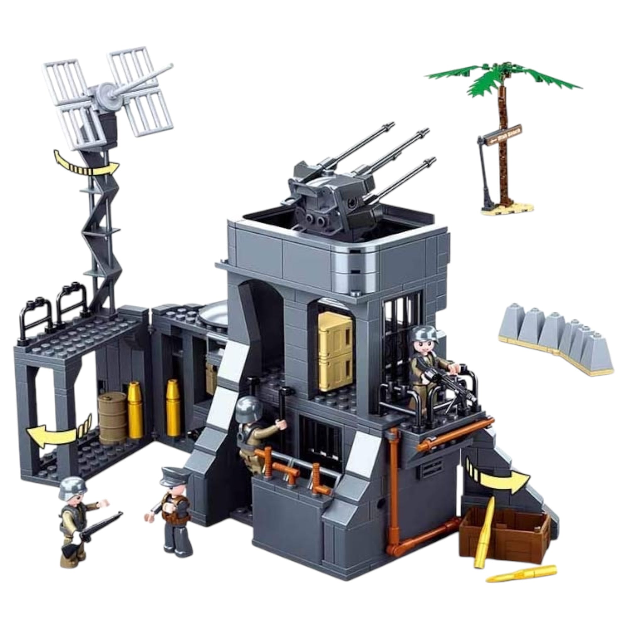 Close-up of radar tower and mounted guns on WWII Atlantic Wall building block set