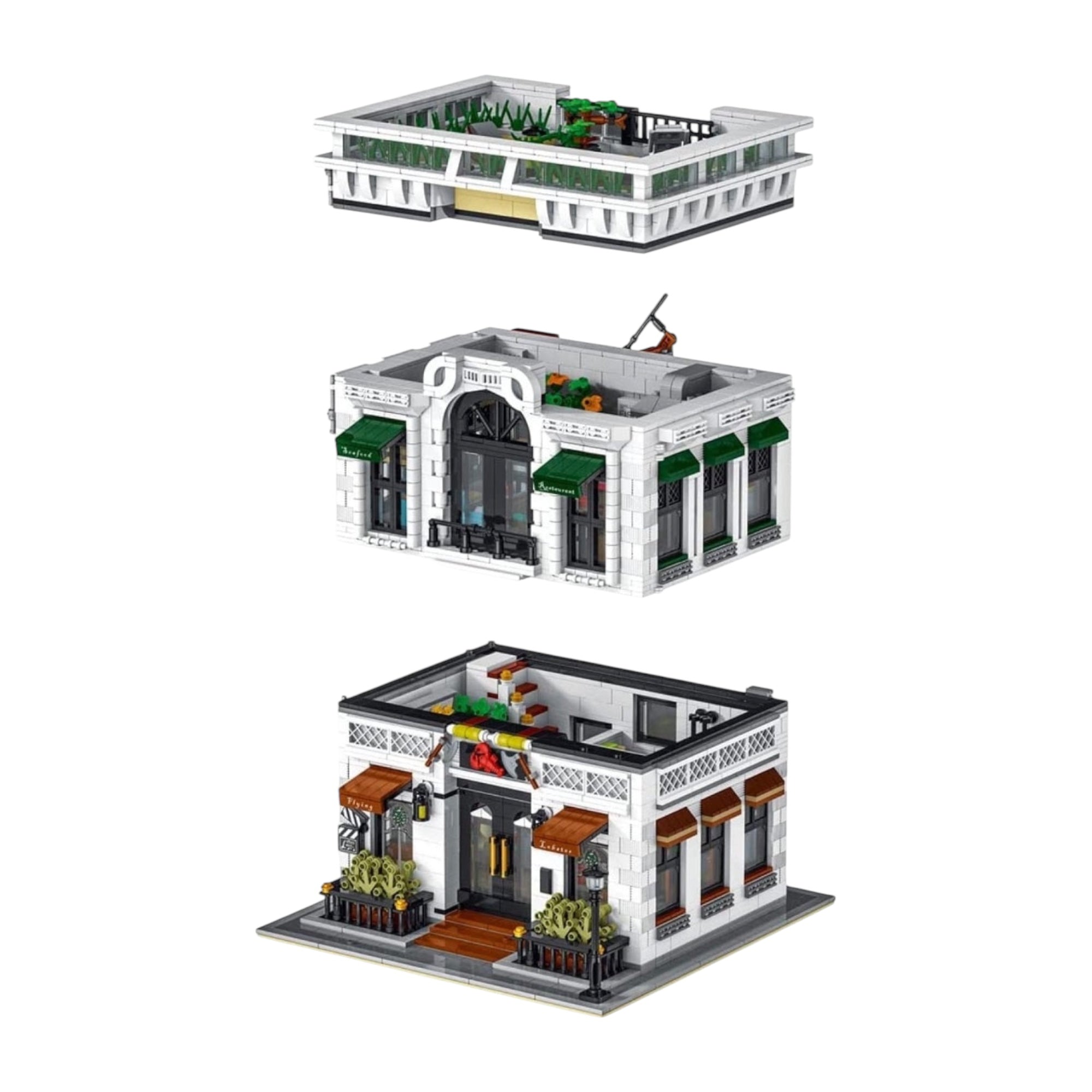 Disassembled modular seafood restaurant model with separate rooftop garden, second floor, and ground floor sections.