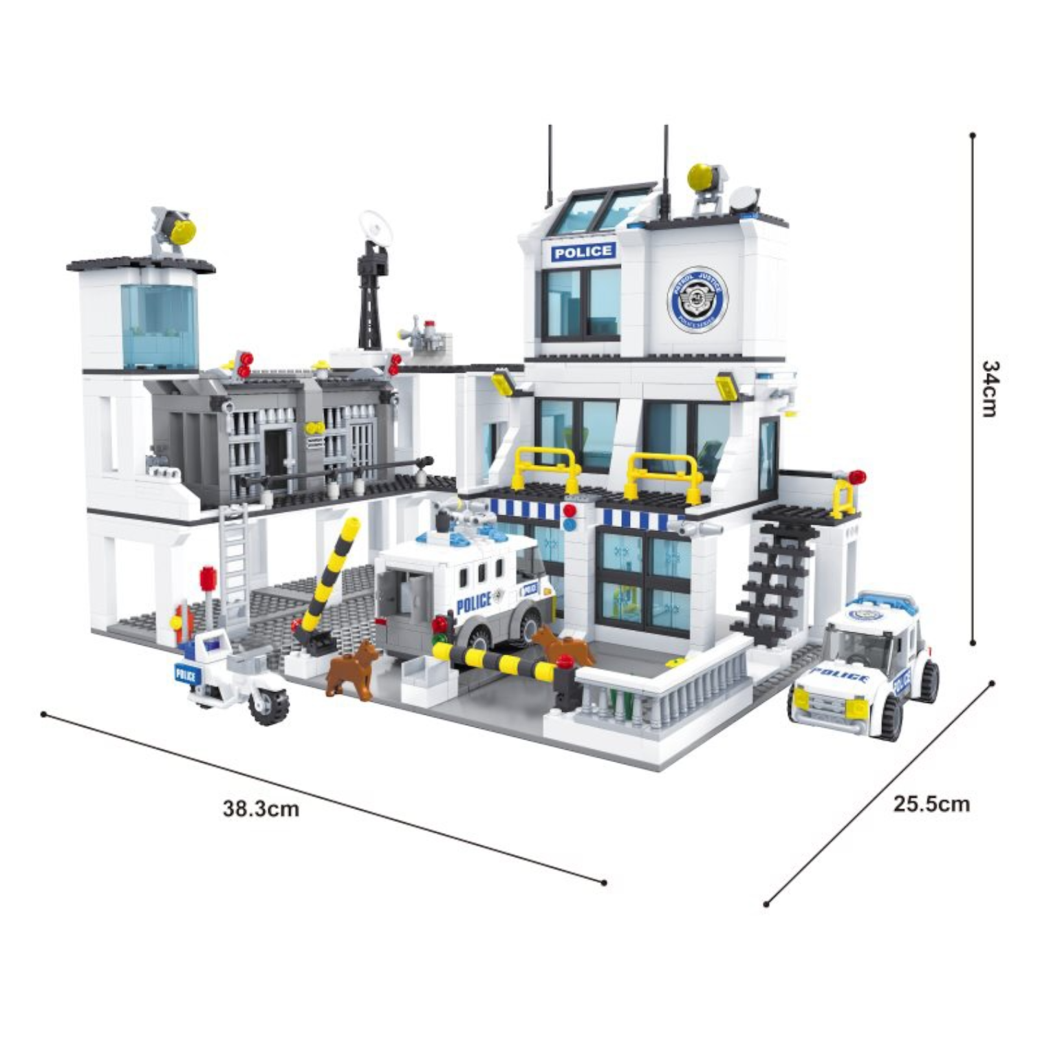 Police Station and Jail building set shown with labeled product dimensions