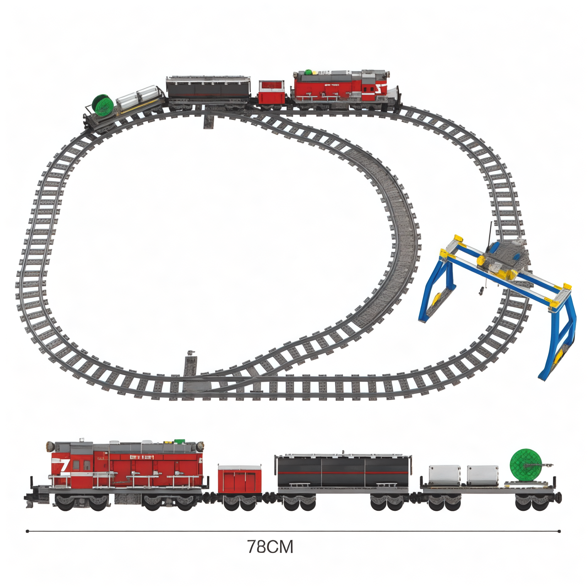 Overhead view of full rail setup showing the 78 cm red locomotive, cargo cars, and track loop.