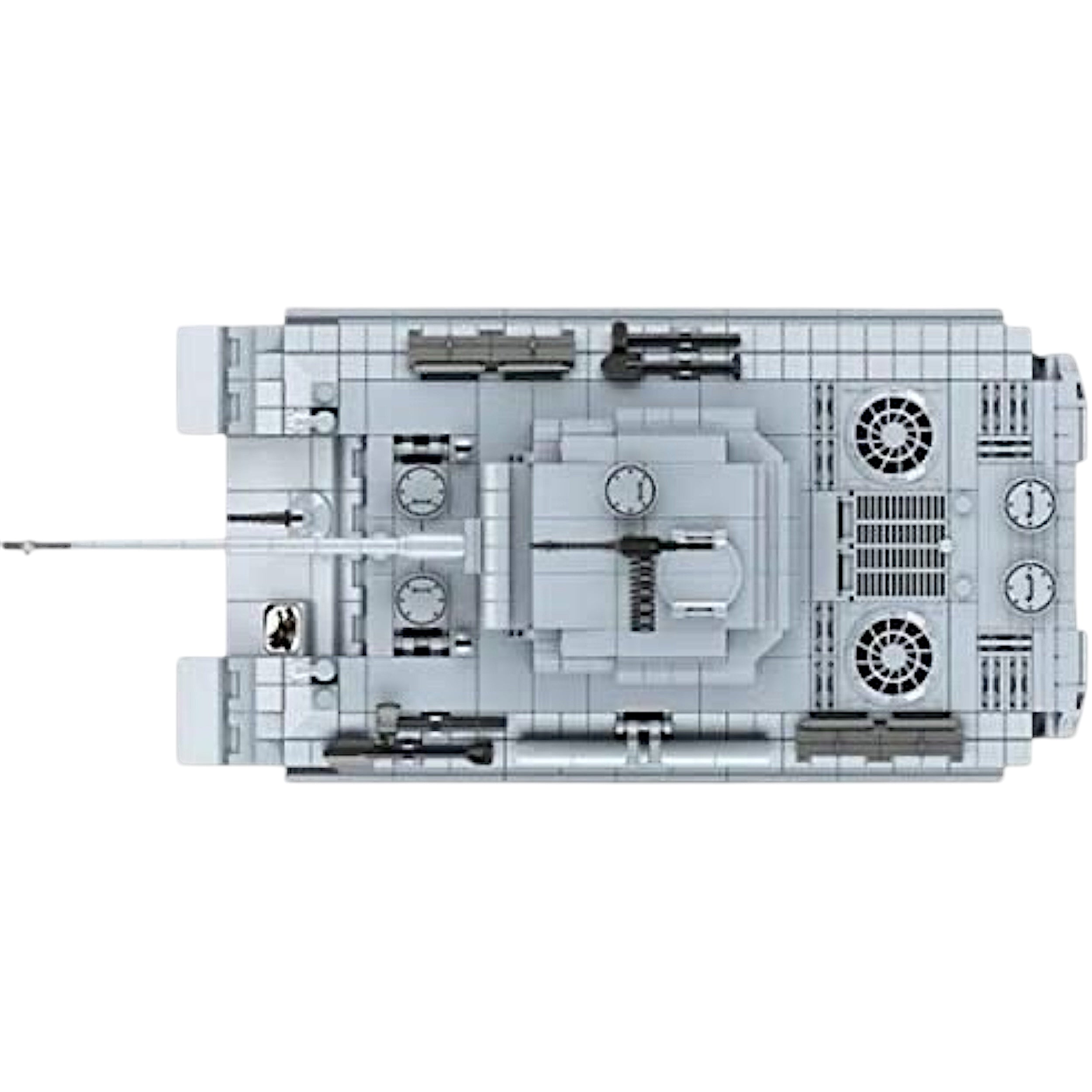 Overhead top-down image of the completed Panther 121 tank build showing overall layout, hatch openings, turret orientation, and placement of included accessories and soldier figures.