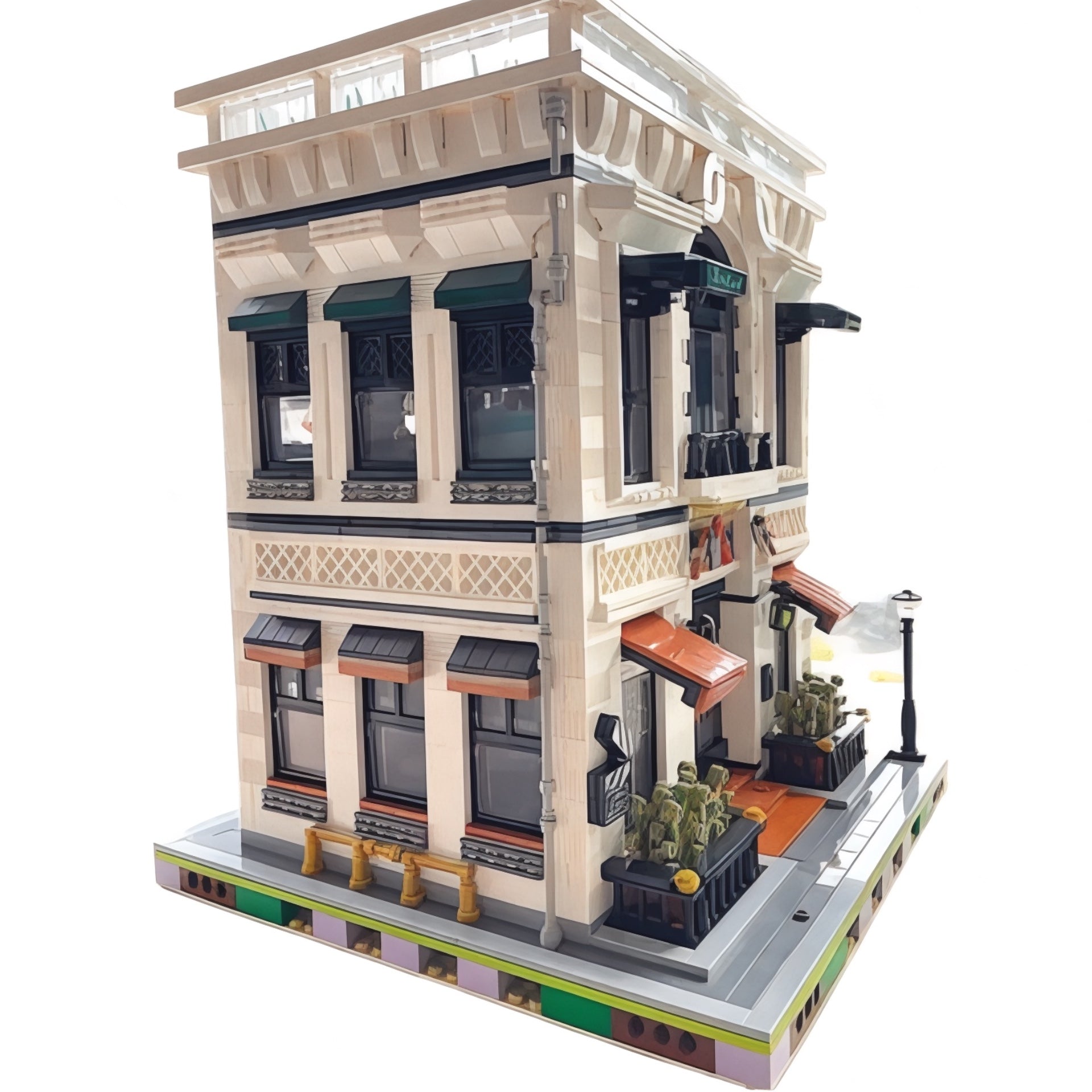 Side perspective of seafood restaurant model with street-facing windows, awnings, and potted plants flanking the entrance.