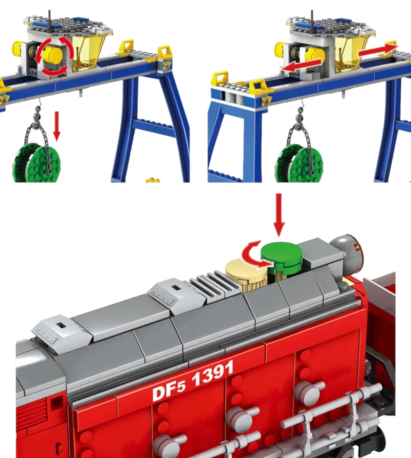 Cargo crane model built from interlocking bricks with moving winch and rotating hook mechanism.