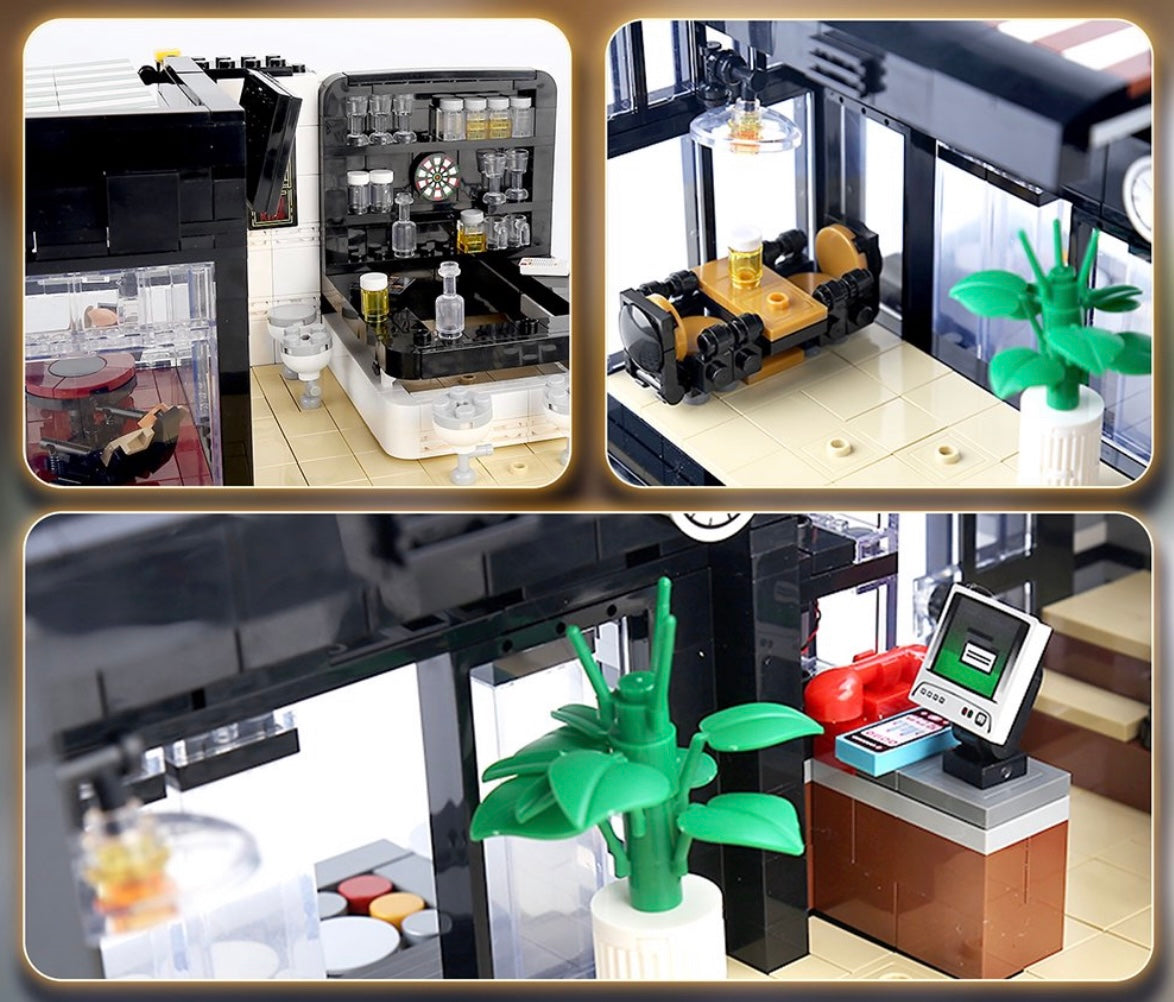 Close-up collage of the interior scenes from the pub and restaurant set, including a bar counter, lounge area, and detailed décor elements.